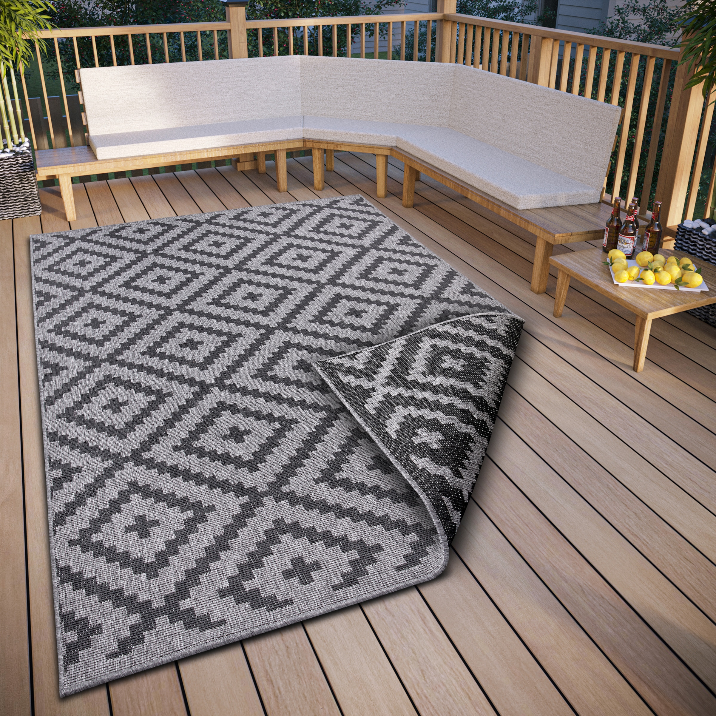 Teppich OTTO HOME "Ronda Wendeteppich", schwarz (anthrazit, schwarz), B:120cm H:5mm L:170cm, Kunstfaser, Teppiche, Teppich, Sisal-Optik, Flachgewebe, In- und Outdoor, geometrisches Boho Design