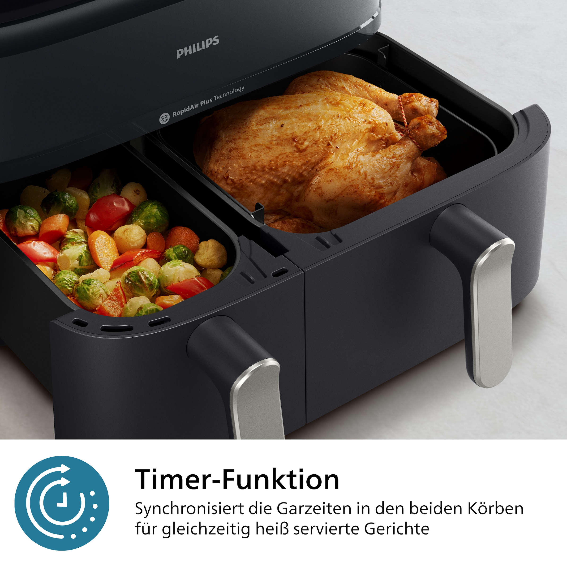 Philips Heißluftfritteuse »Steam Airfryer 5000 Dual Basket NA552/00, Airfryen & Dampfgaren, 3L+6L«, 2750 W, RapidAir Plus Technologie und 19 Kochfunktionen; Edelstahl/Kupfer