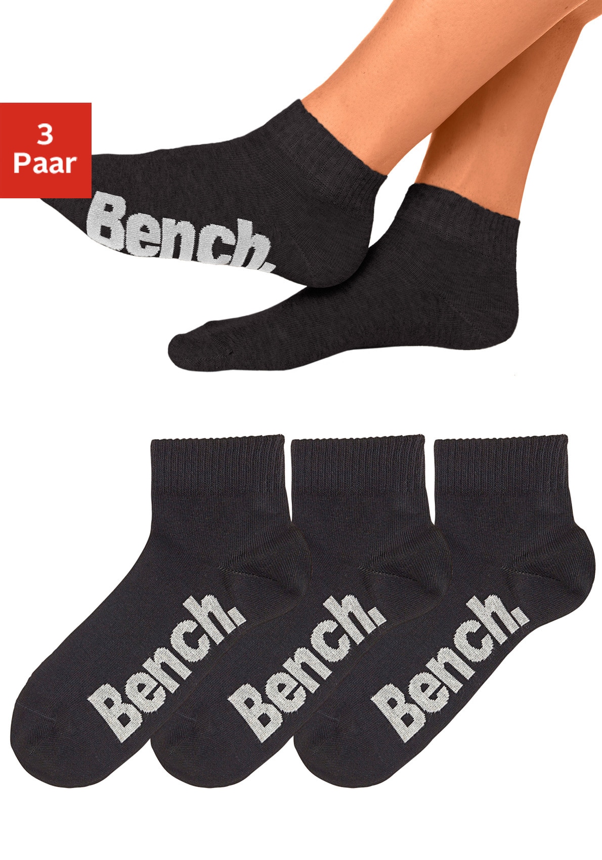 Bench. Kurzsocken "Damen Herren Socken Kurzschaft mit Komfortbund" Packung, 3 Stk. tlg. mit bequemen Rippbündchen