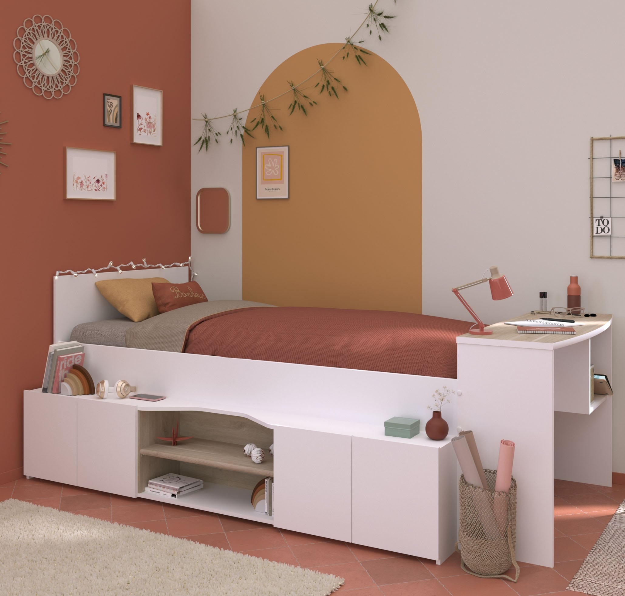 Parisot Hochbett »Cleo«, (1 St.), Schreibtisch beidseitig anbaubar, viel Stauraum, für Jungen & Mädchen