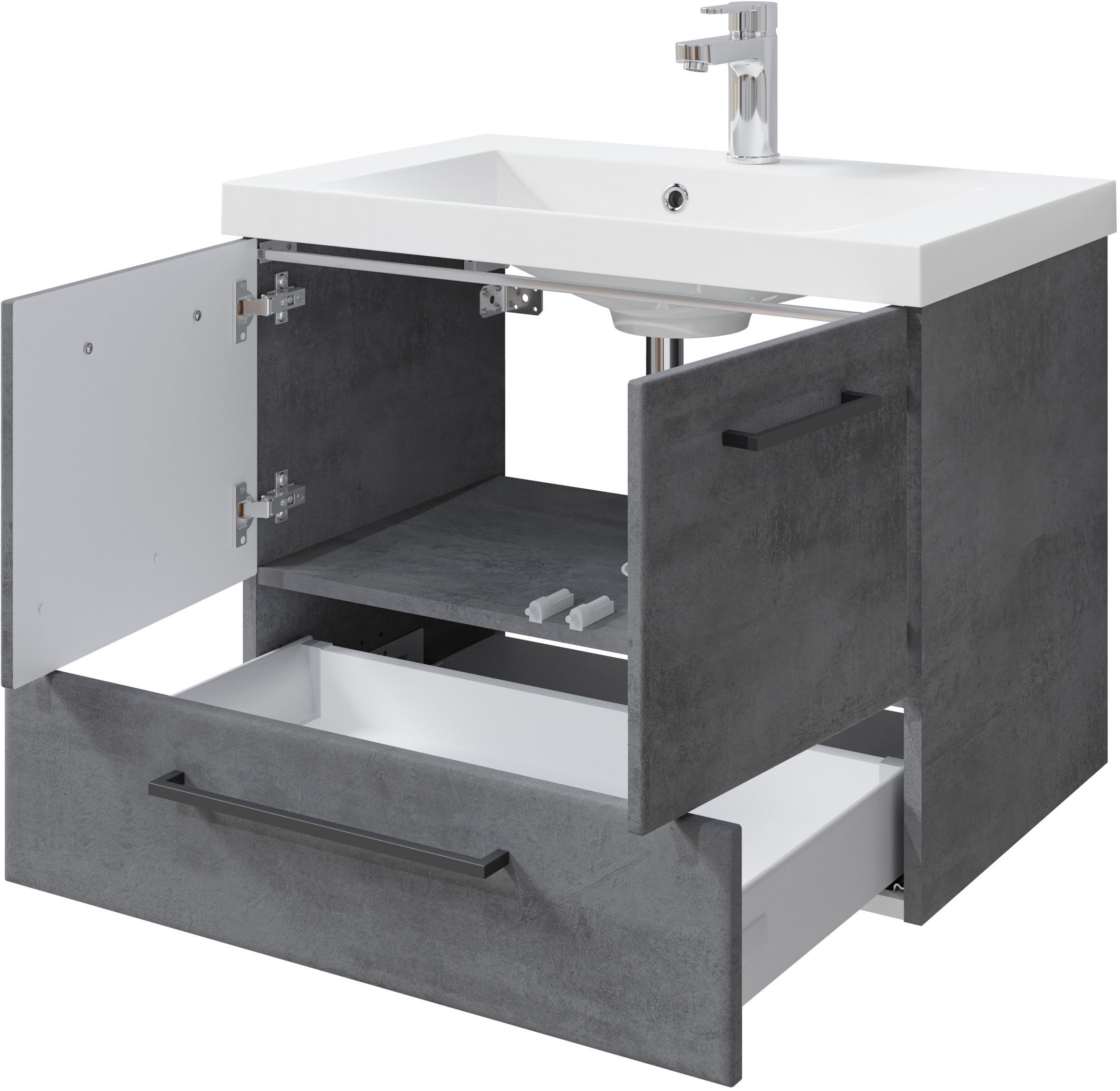Saphir Badmöbel-Set »Quickset 945 3-teilig, Mineralmarmor-Waschtisch mit LED-Spiegelschrank«, (4 St.), Midischrank, 6 Türen, 3 Schubladen, 8 Einlegeböden, inkl. Türdämpfer