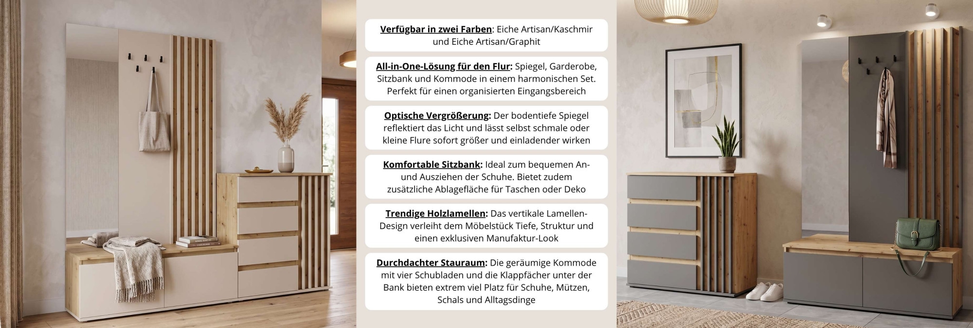 Home affaire Garderobenpaneel »LANDUVA Garderobe mit Schuhschrank, Spiegel und Haken, Breite 120 cm« Garderoben-Set, Kompaktgarderobe, mit Sitzbank, Lamellen Design