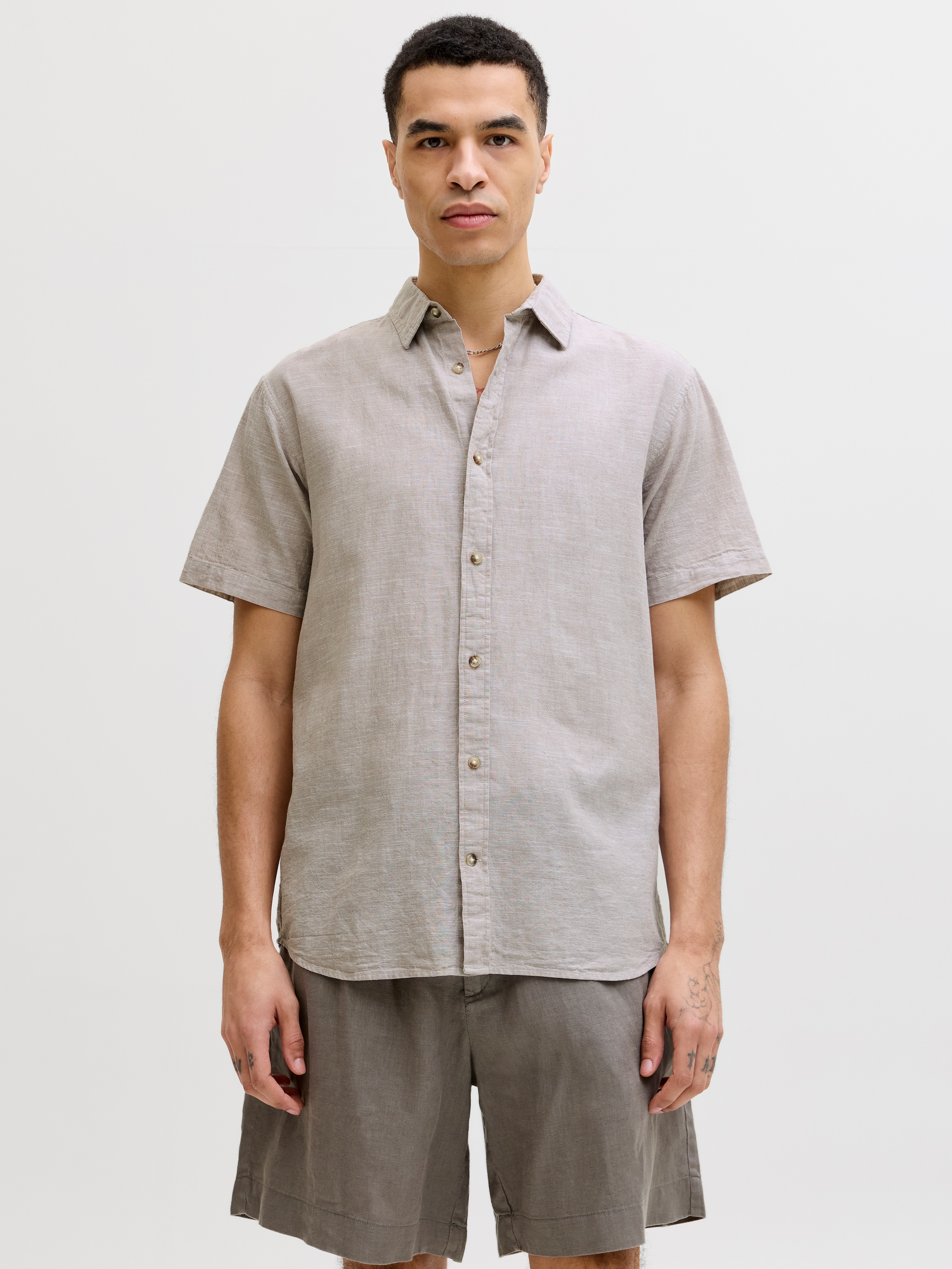 Jack & Jones Kurzarmhemd "Jjesummer Linen Blend Shirt S/S Sn" Baumwolle Mit Leinen, Regular Fit