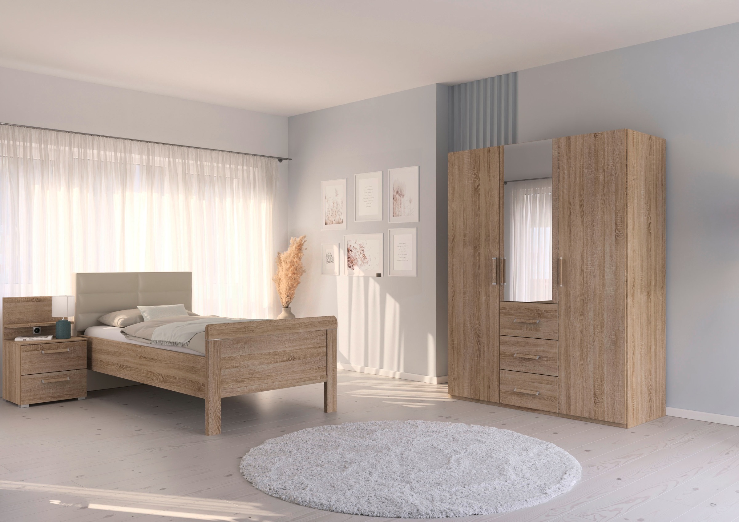 rauch Schlafzimmer-Set »Komplettschlafzimmer Schlafzimmer EVELYN«, (Set, 3 tlg.), Schrank und Bett in 2 Breiten, Nachttisch mit Paneel MADE IN GERMANY
