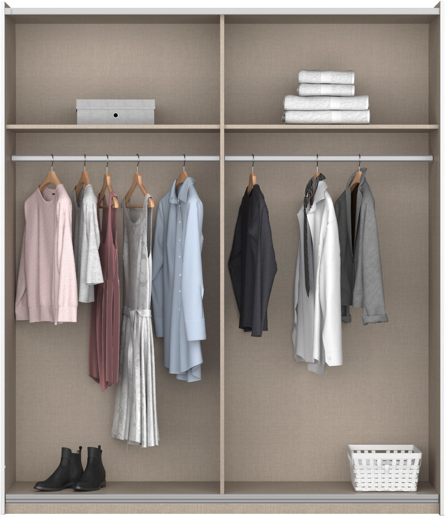 rauch Schwebetürenschrank »Kleiderschrank Schrank Garderobe SATURN mit 3 Ausstattungsvarianten«, 3 verschiedene Ausstattungsvarianten Griffe aus Metall MADE IN GERMANY