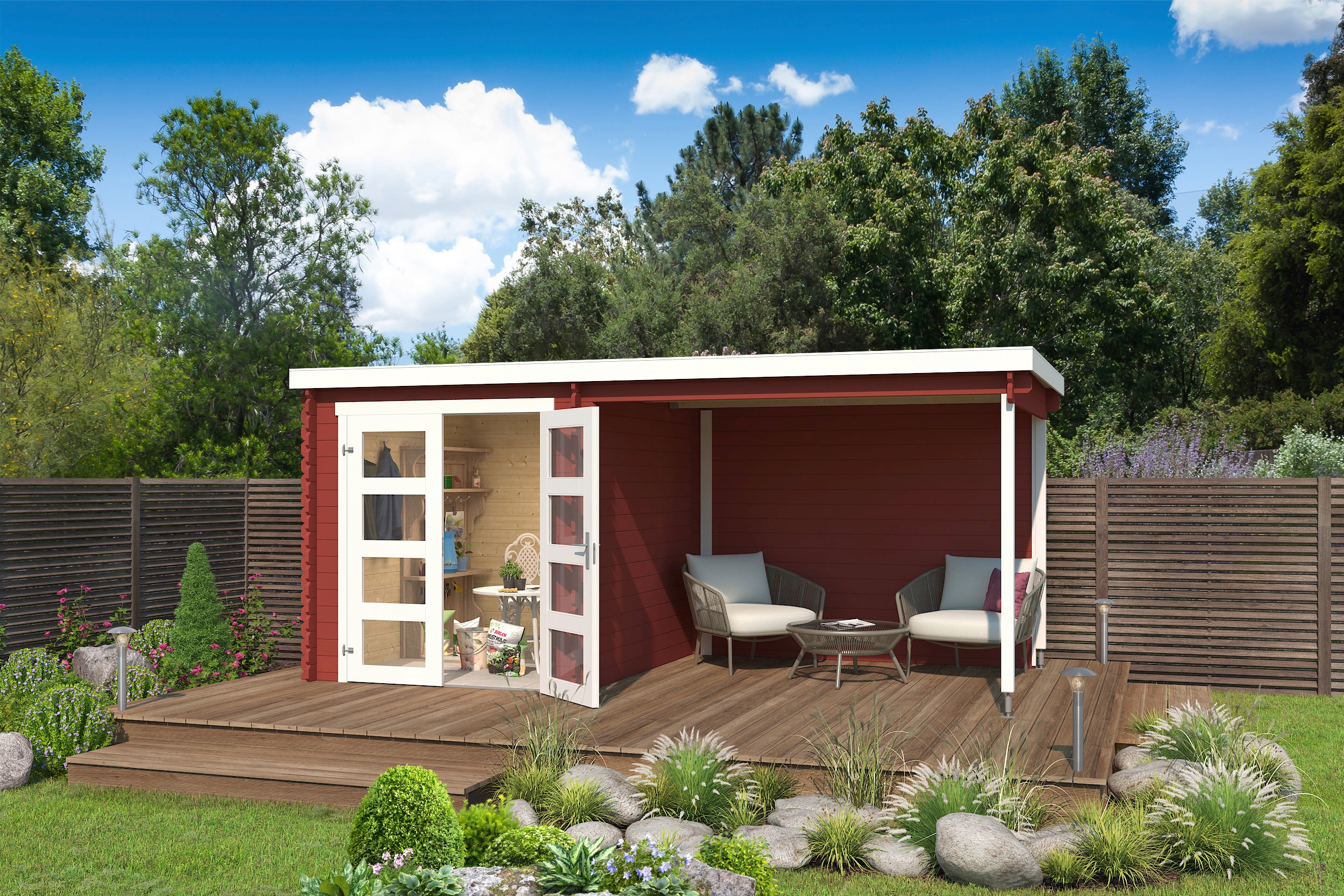 LASITA MAJA Gartenhaus "Long Beach" Blockbohlenhaus 28mm mit Anbau
