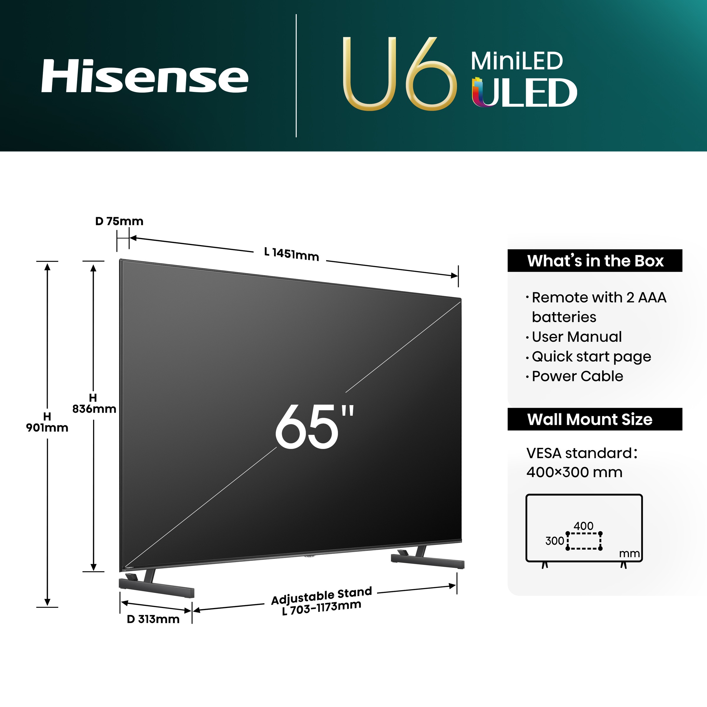 Hisense Mini-LED-Fernseher »65U6NQ«, 4K Ultra HD, Smart-TV, 4KUHD, ULED, Mini LED