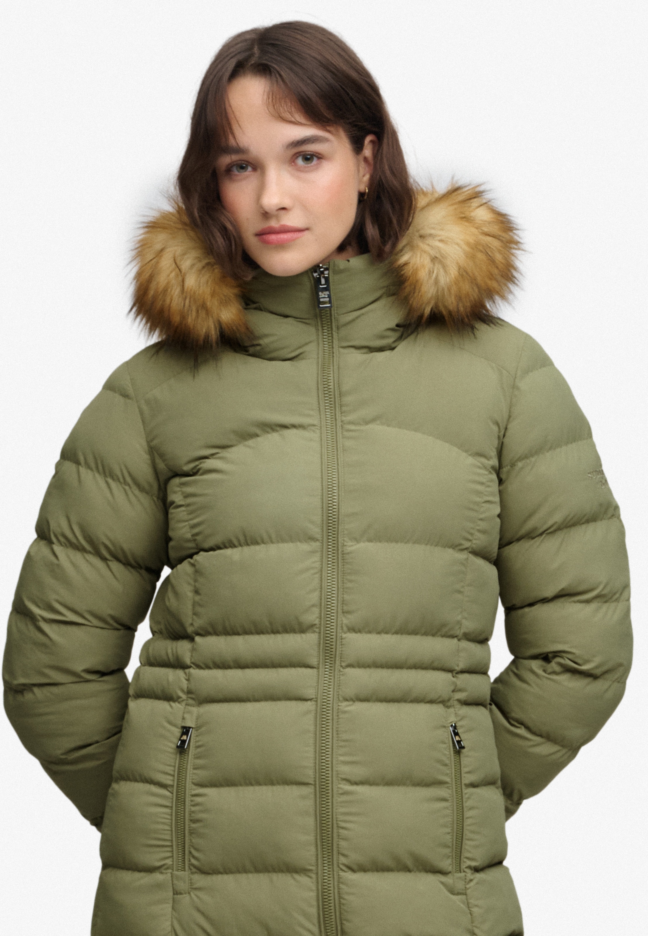 Superdry Steppjacke »HOODED FAUX FUR FUJI LONGLINE« mit Kapuze Kunstfaser, slim fit