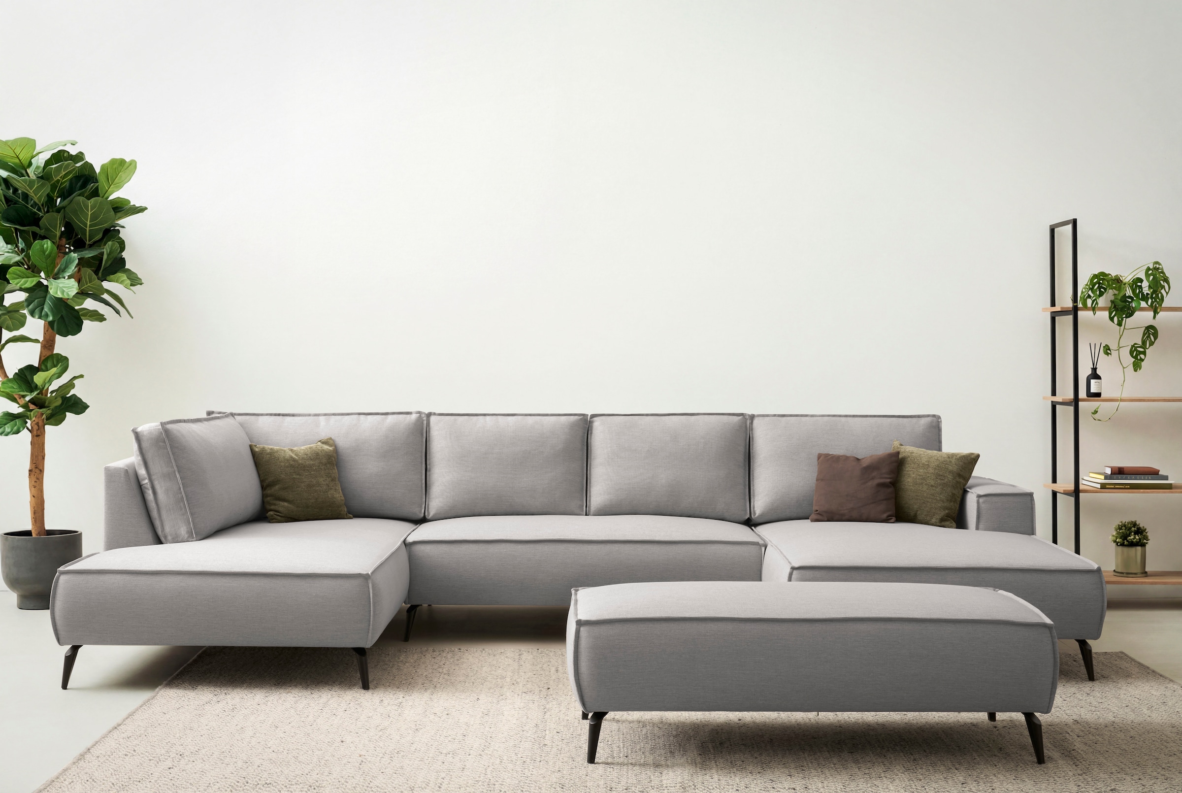 OTTO home Wohnlandschaft »TVINNU Leinenoptik, 354, mit Hocker« Recamiere rechts/links, stellbar zum Schlafsofa (Krokodilverbinder)