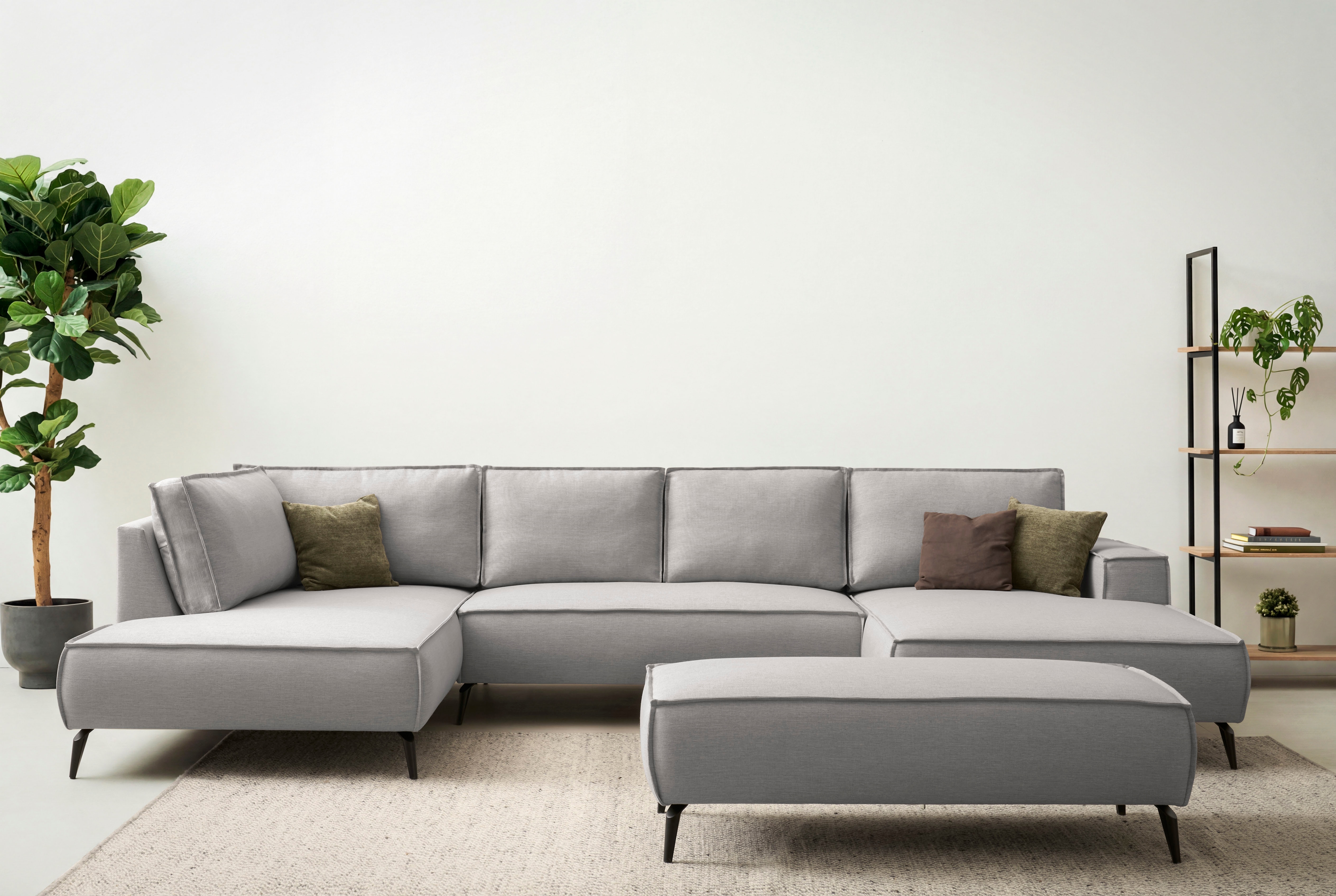 OTTO home Wohnlandschaft "TVINNU Leinenoptik, 354, mit Hocker" Recamiere rechts/links, stellbar zum Schlafsofa (Krokodilverbinder)
