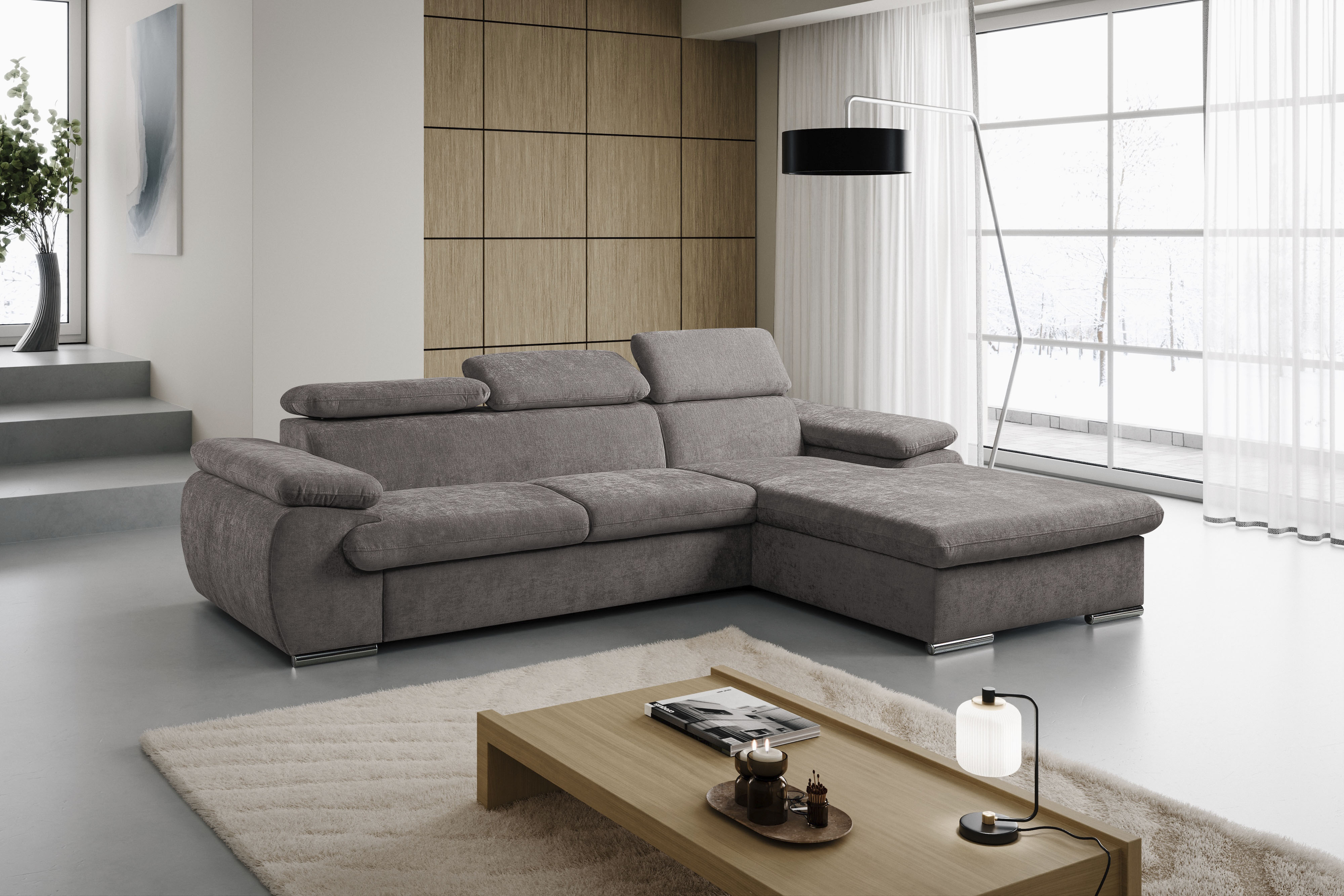 WERK2 Ecksofa "Cosmo 282 x 192 cm modern und bequem" Chenille, L-Form, XXL, Schlaffunktion, Bettkasten