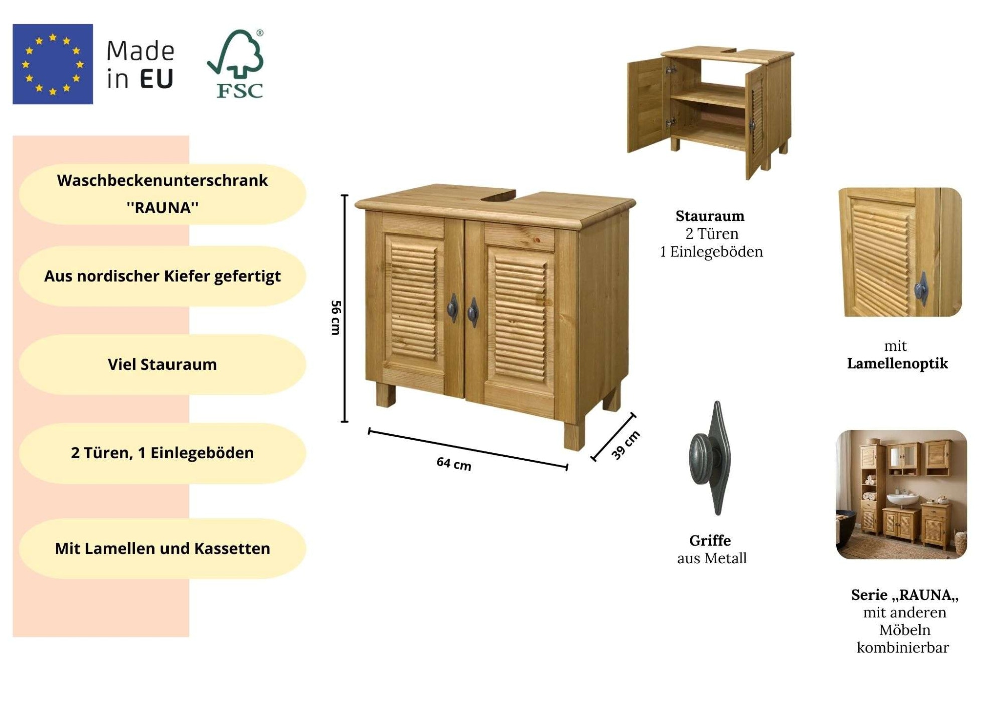 Home affaire Waschbeckenunterschrank »Rauna« aus massiver Kiefer, Breite 64 cm, Rillenoptik, made in EU