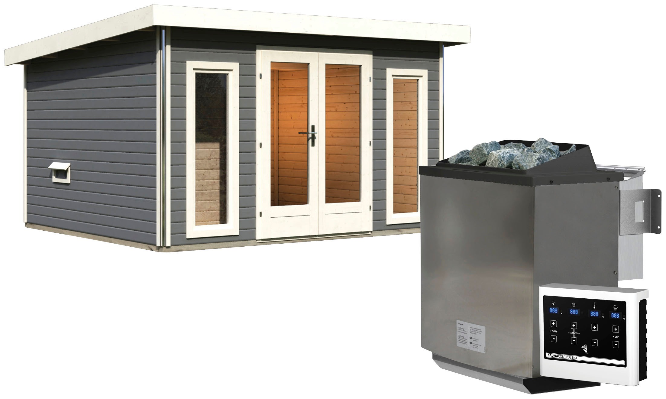 KARIBU Saunahaus "Maiko 2B", Bio-Ofen, externe Steuerung, 9 kW, beige, Garten, Saunen, Ofen 9 kW Bio externe Strg easy