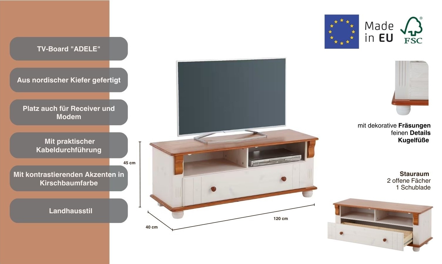 Thumbnail - Home affaire TV-Board "Adele", Breite 120 cm, mit Schublade, aus massiver Kiefer, FSC