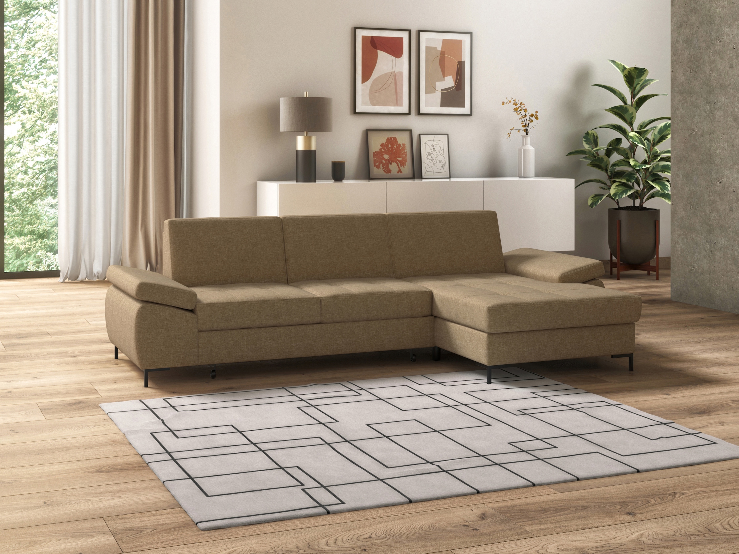 DOMO collection Ecksofa "Capelo, komfortabel, klare Linien zeichnen dieses Design aus, L-Form" mit Armteilverstellung, wahlweise mit Bettfunktion, Federkern