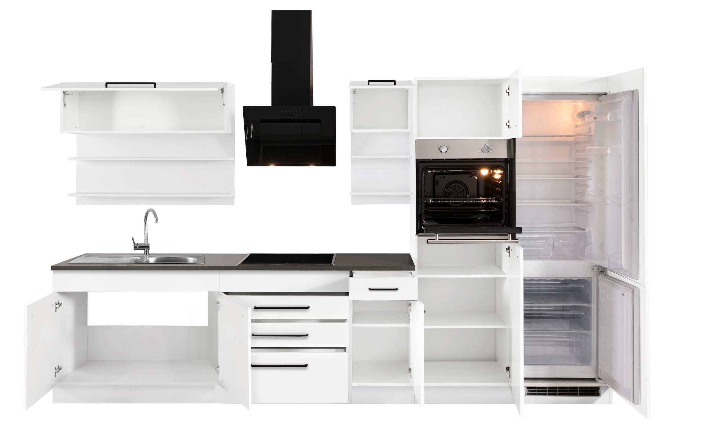 KOCHSTATION Küchenzeile »KS-Tulsa« mit E-Geräten, Breite 350 cm, schwarze Metallgriffe, MDF Fronten