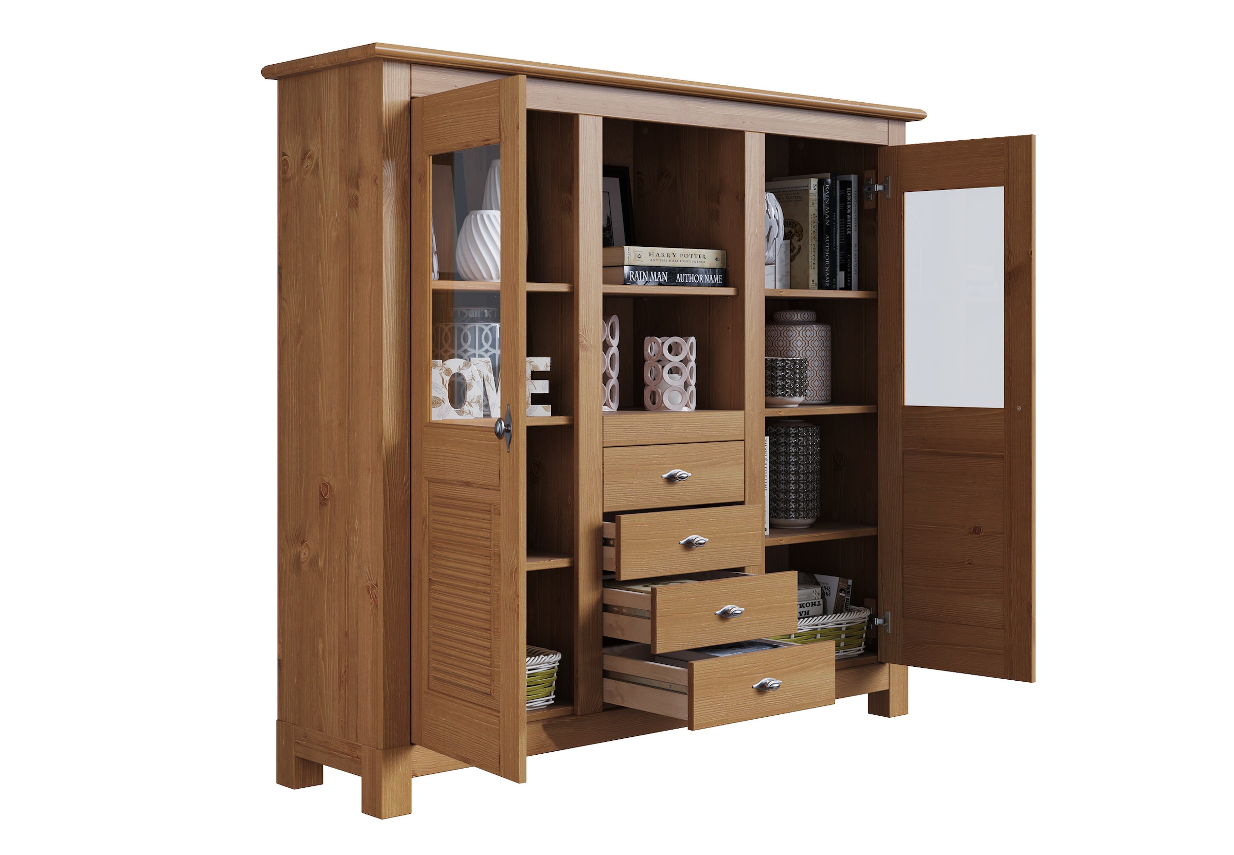 Home affaire Buffet »Rauna«, Highboard, massive Kiefer, Türen mit Glaseinsätzen, B/H 146/134 cm