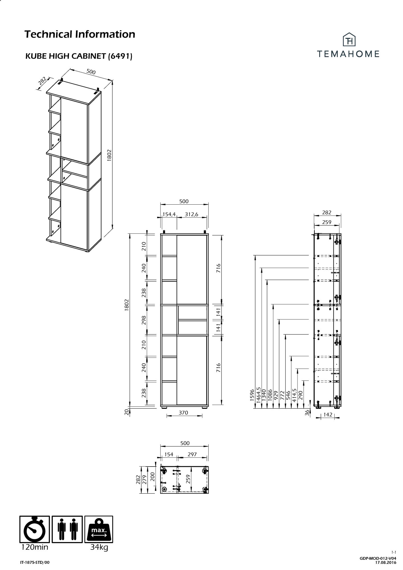 TemaHome Hochschrank »Kube Badschrank, Aufbewahrung, Platzsparend, Höhe 182 cm«, mit offenen Fächern und 2 Türen