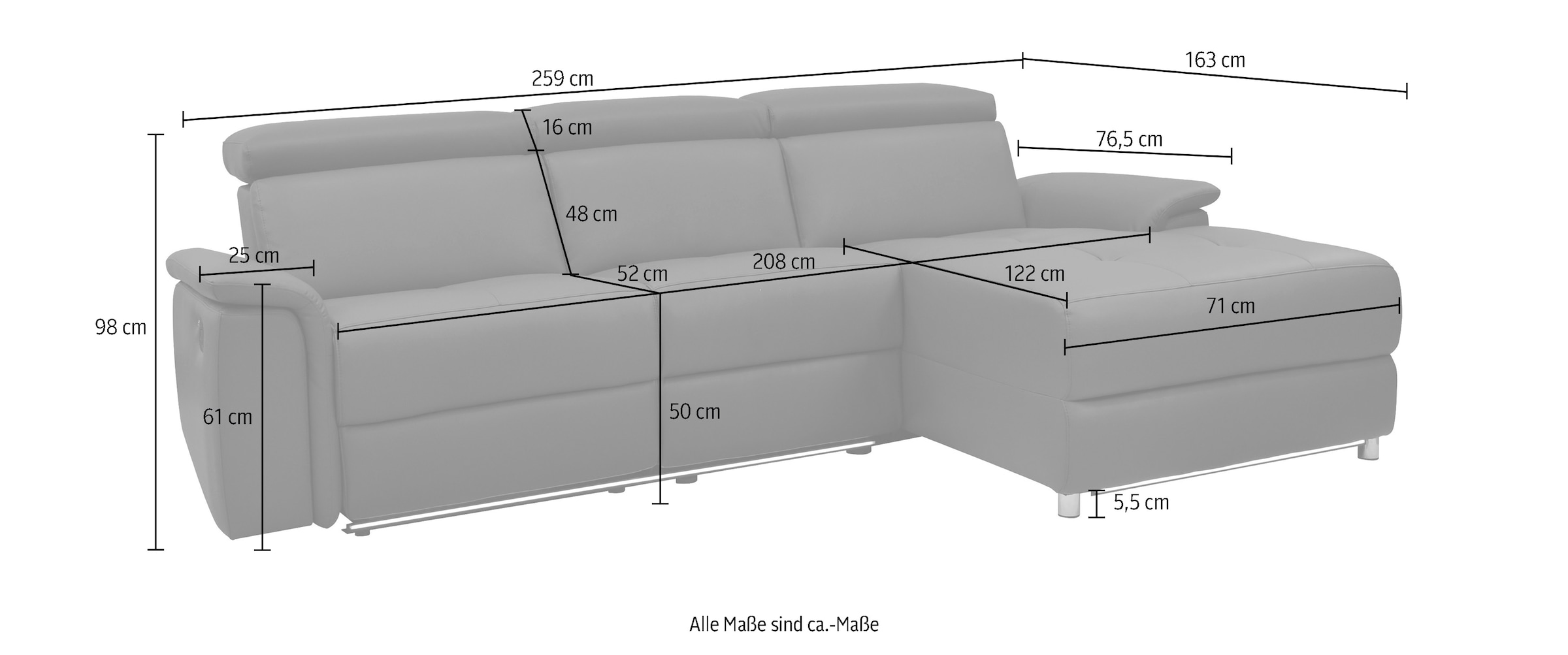 Places of Style Ecksofa »Pareli, L-Form, 259cm,m. Recamiere, Echtleder, Kunstleder, Webstoff«, man. o. elektr. Relaxfunktion, USB/Kopfteilverstellg u. LED