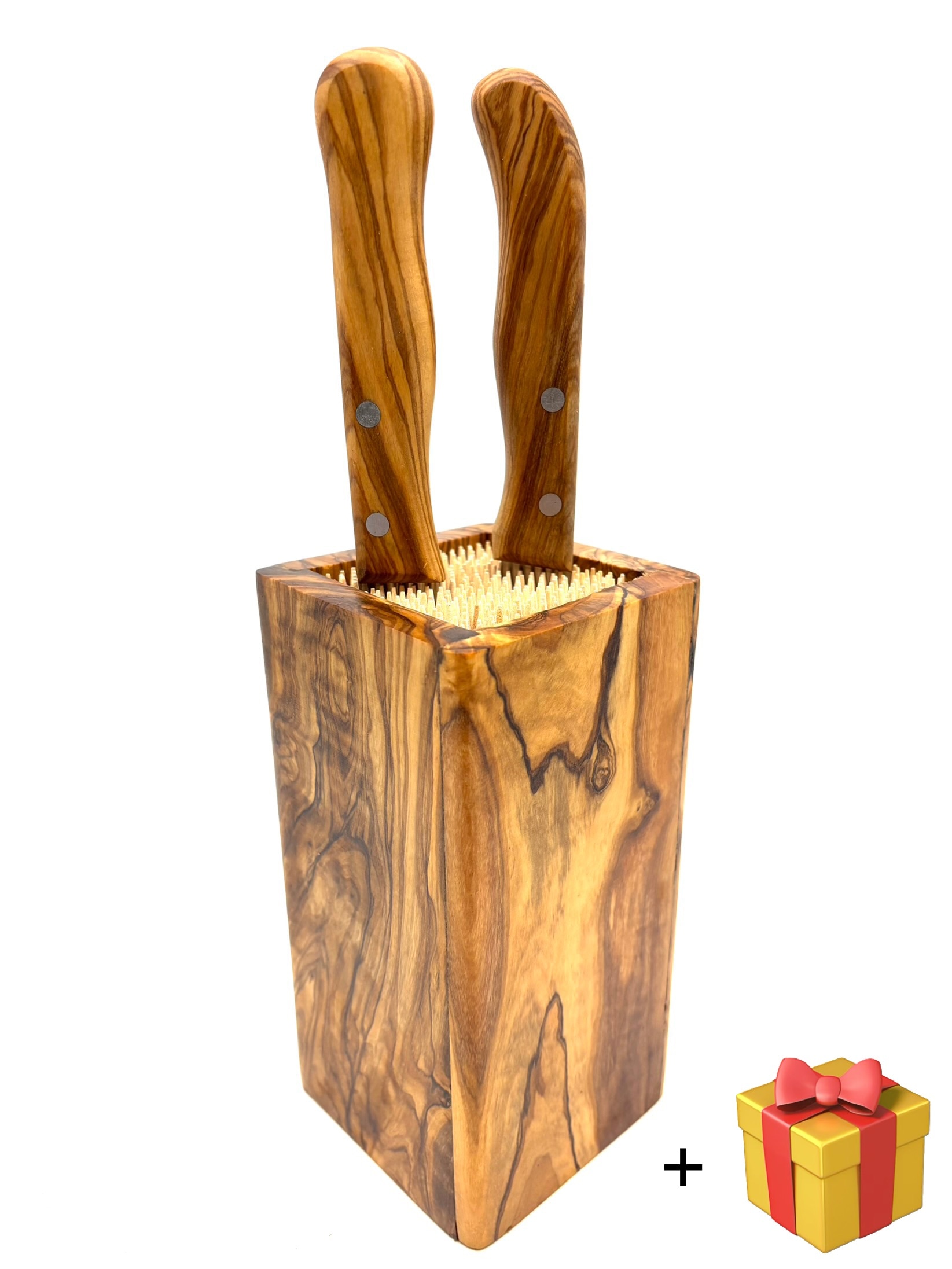 Messerblock "DESIGN eckig, aus Olivenholz", B:8cm H:16cm, braun, OLIVENHOLZ-ERLEBEN, Messerblöcke, Flexible Holzspieße für sichere und schonende