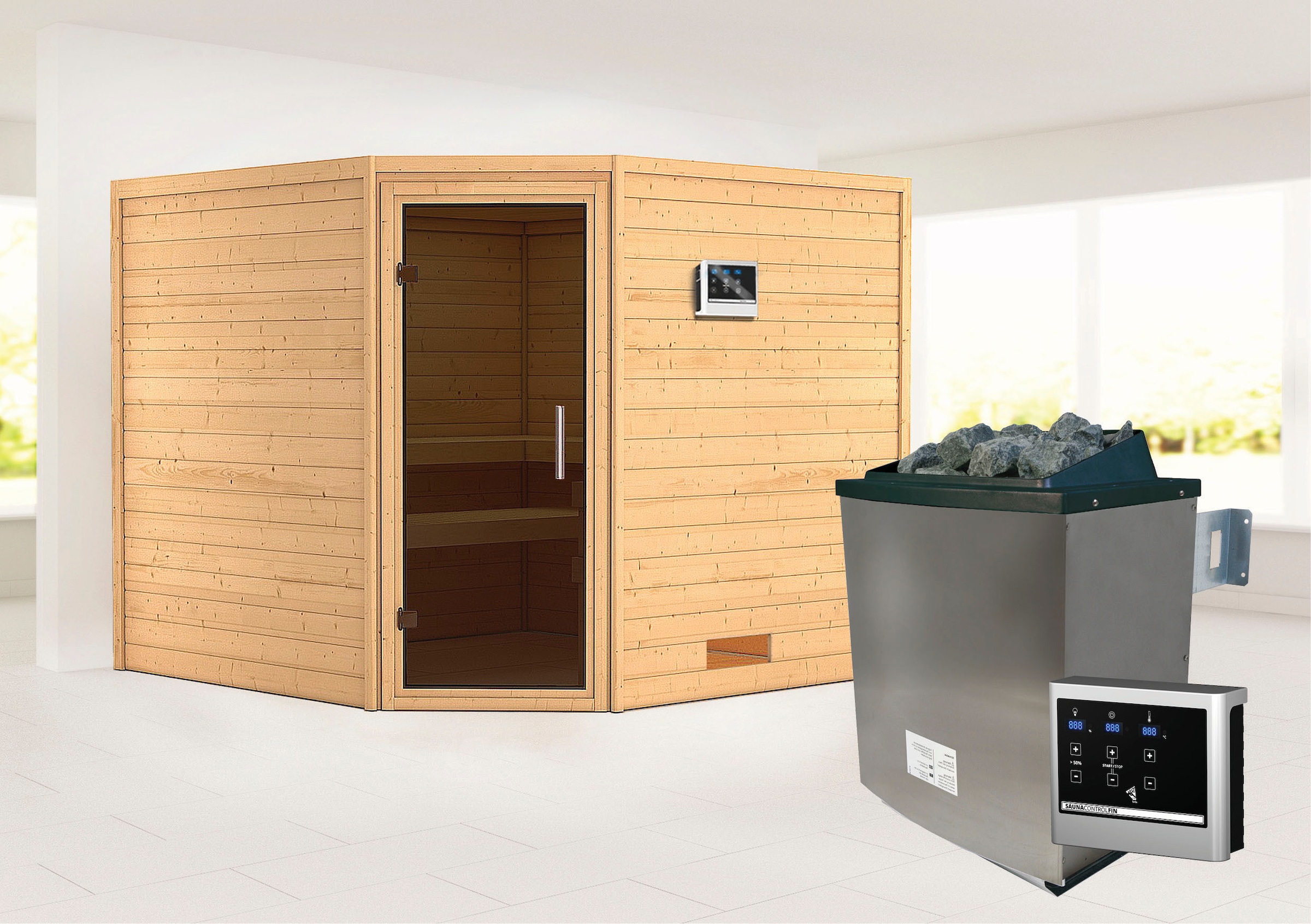 Karibu Sauna ""Leona" mit graphitfarbener Tür Ofen 9 KW externe Strg modern", aus hochwertiger nordischer Fichte