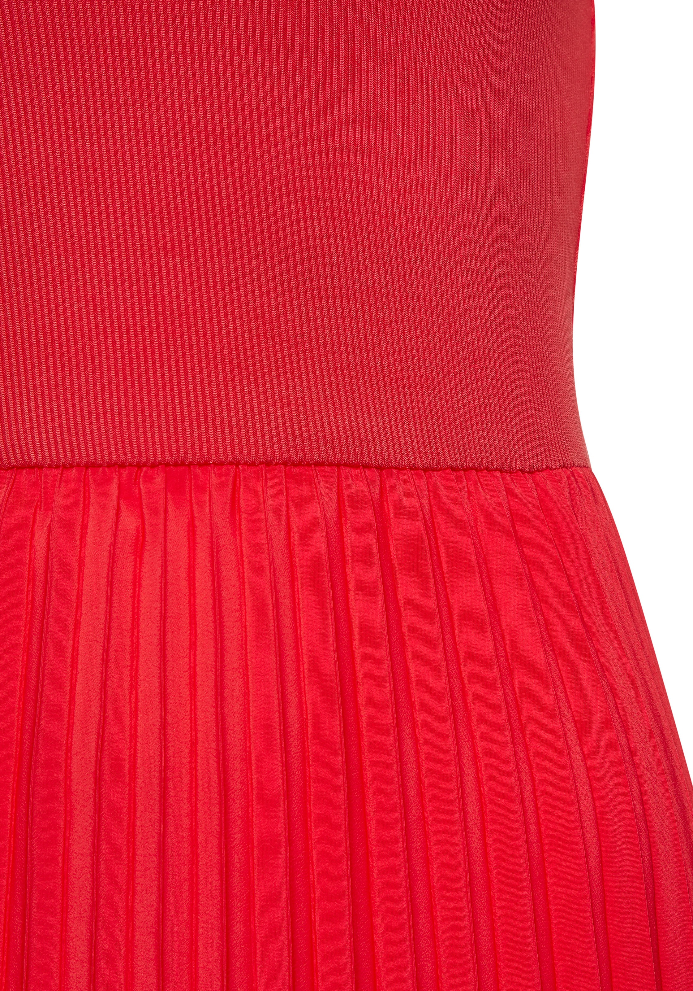 Midikleid LASCANA, Damen, Gr. 40, N-Gr, rot, Obermaterial: 100% Polyester. Obermaterial 2: 100% Polyester, unifarben, figurumspielend Midi, Rundhals, Kleider Midikleid, mit Plisseerockteil, Basic, modisch 3
