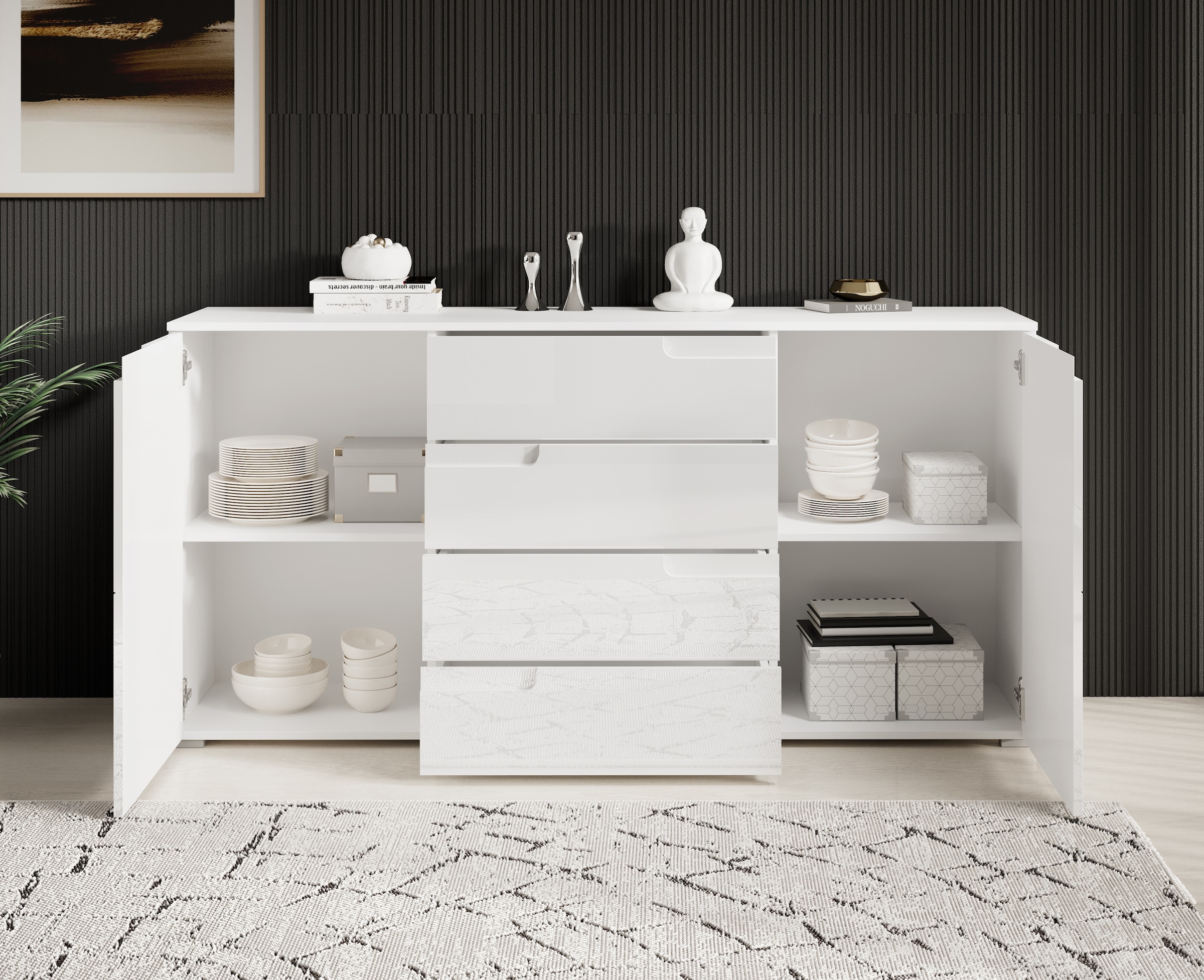 HBZ Sideboard »Spice weiß Hochglanz, Wohnzimmerschrank BxHxT 165x80x40 cm«, (1 St.), Mit 2 Türen, 4 Schubkästen, 2 Einlegeböden verstellbar