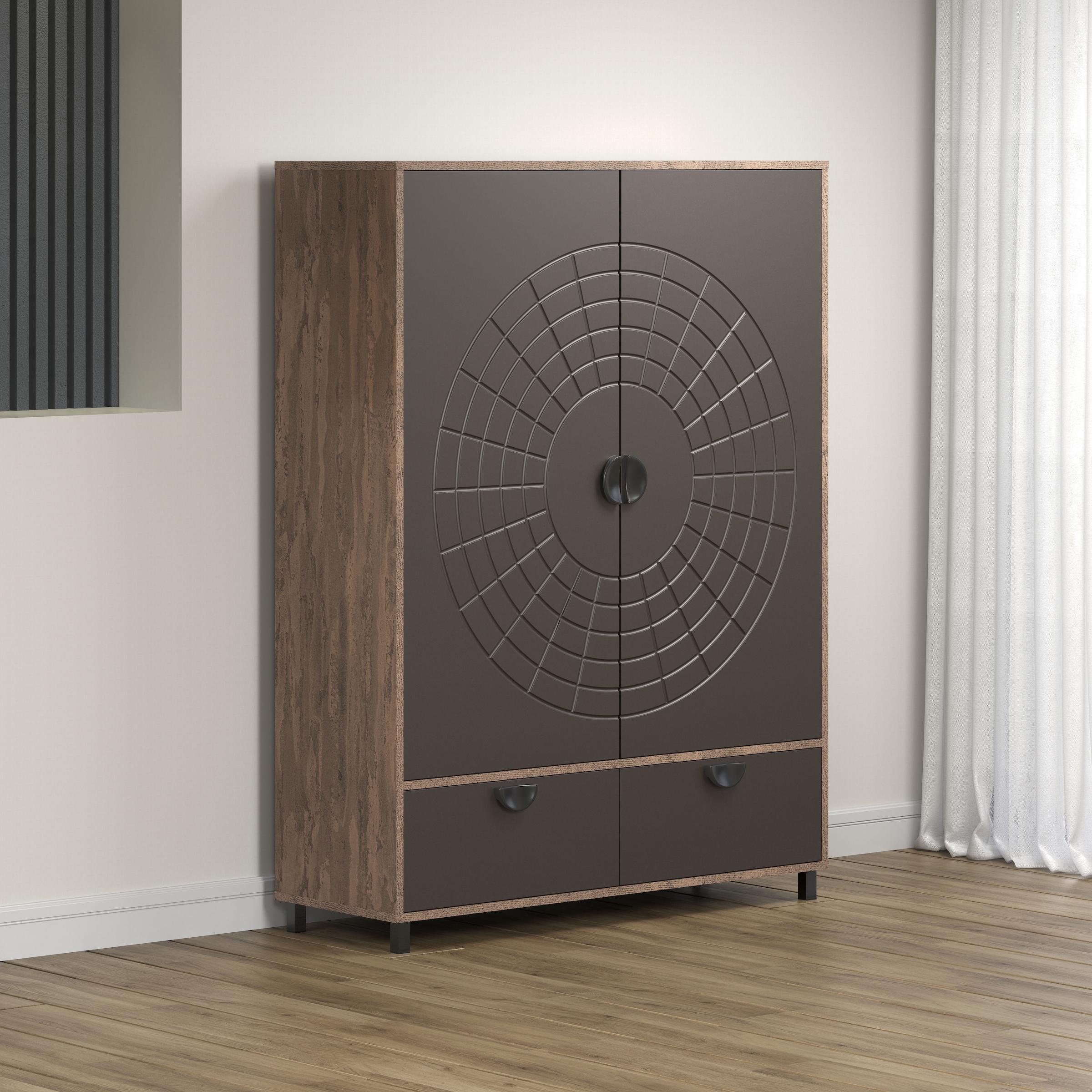 INOSIGN Highboard »Fusion«, (1 St.), Stauraumschrank mit besonderem Kreismuster - (B/T/H) 120/42/163 cm