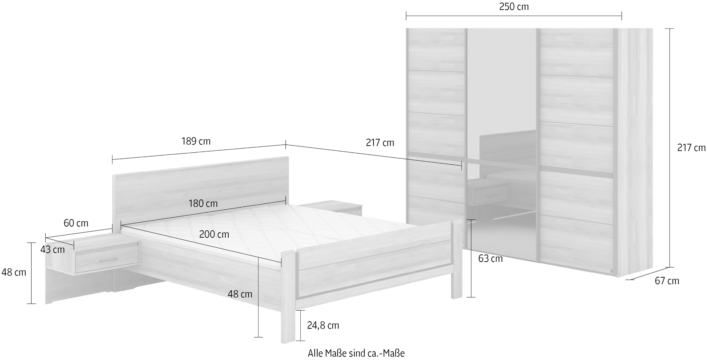 Musterring Schlafzimmer-Set »Sorrent, Kleiderschrank, Bett & Nachtkommoden, teilmassiv Eiche«, (2er-Set Nachtschränke, Schwebetürenschrank 250 cm, Bett 180x200 cm), mit Schwebetürenschrank, Bett mit Stollenfuß, Breite Schrank 250 cm