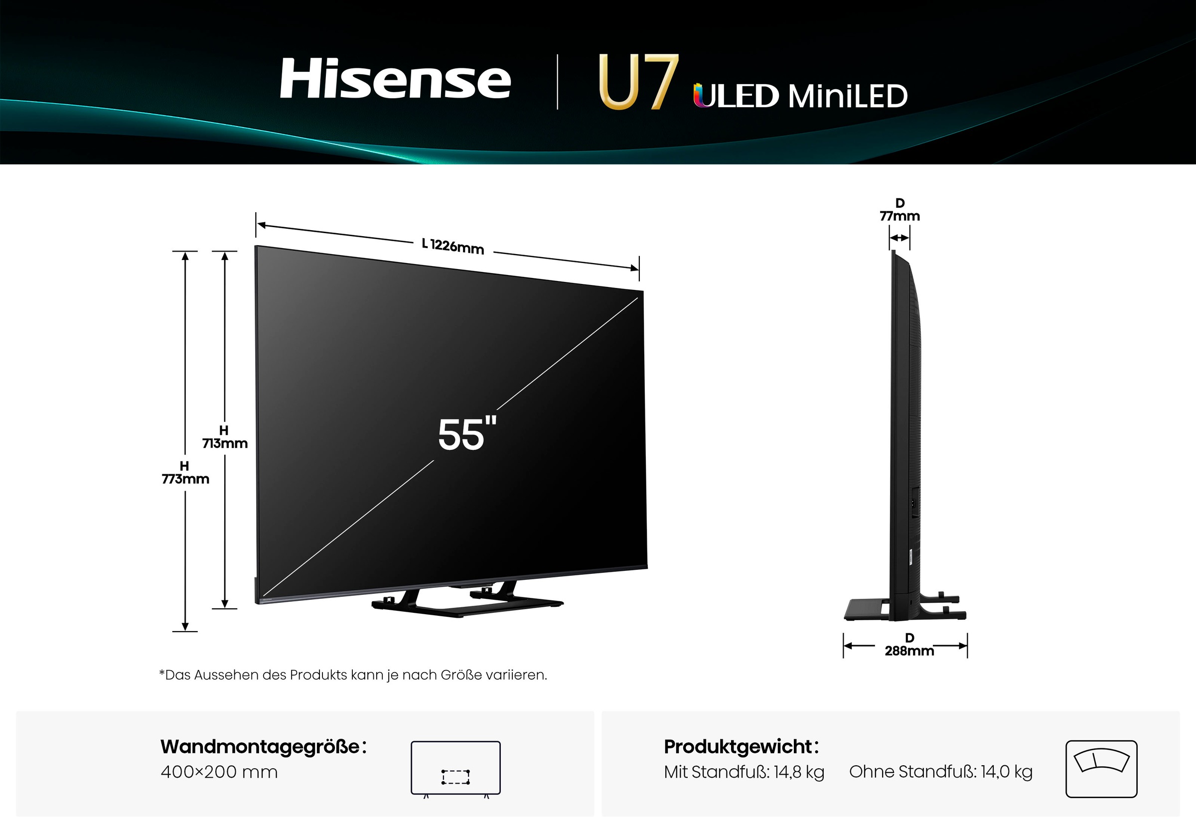 Hisense QLED Mini LED-Fernseher »55U7Q«, 4K Ultra HD, Smart-TV, 4K UHD Mini LED