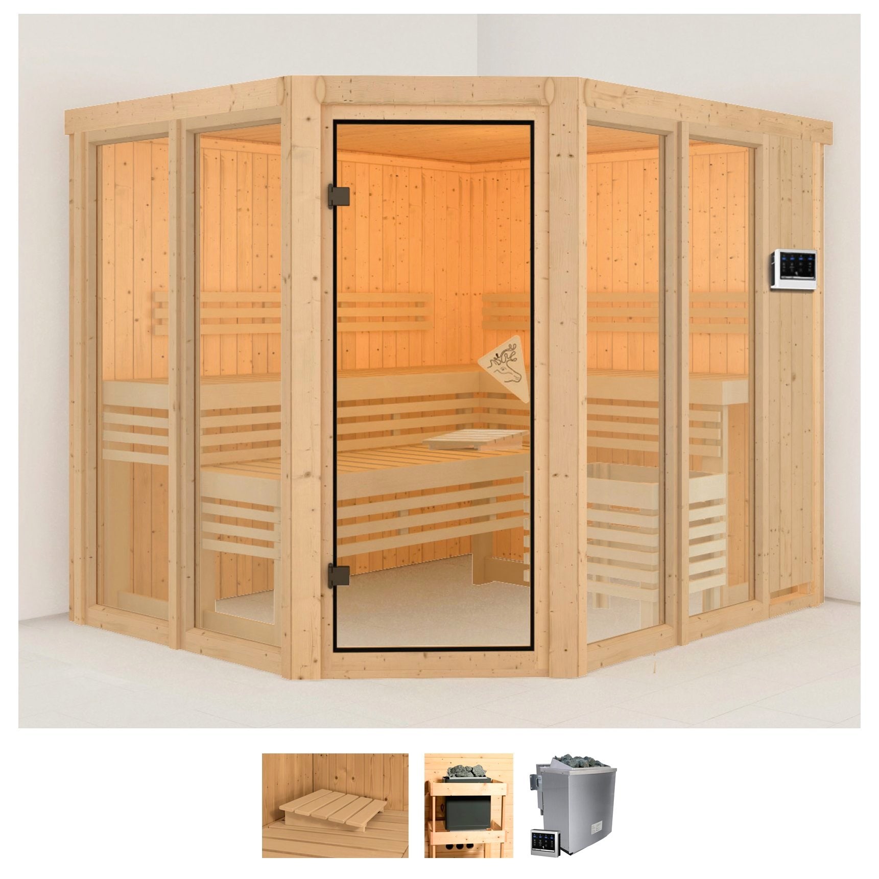 KARIBU Sauna "Anike 3", Bio-Kombiofen, externe Steuerung, 9 kW, beige, Saunen, Ofen 9 kW Bio externe Strg easy