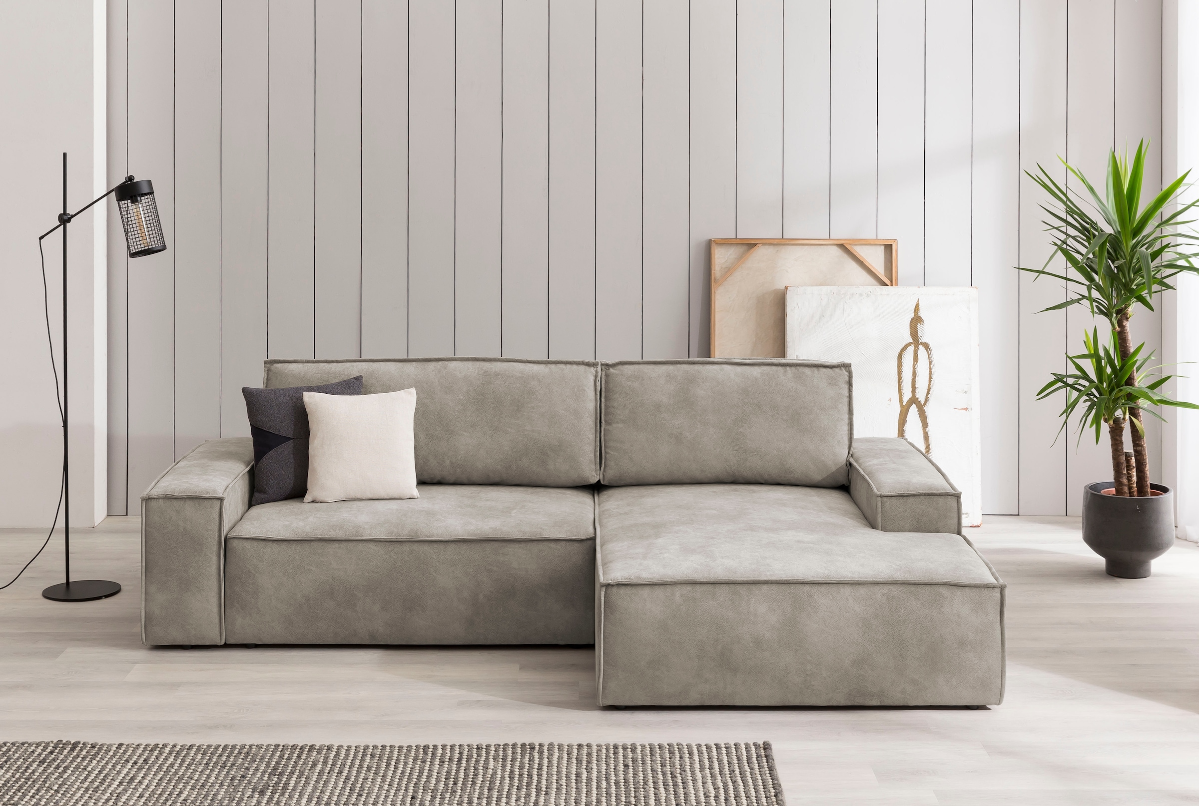 OTTO home Ecksofa "SHERWOOD Vintage Lederoptik L-Form, 267 cm" Schlaffunktion mit Bettkasten (210x136 cm), Cord, Vintage, Samtvelours
