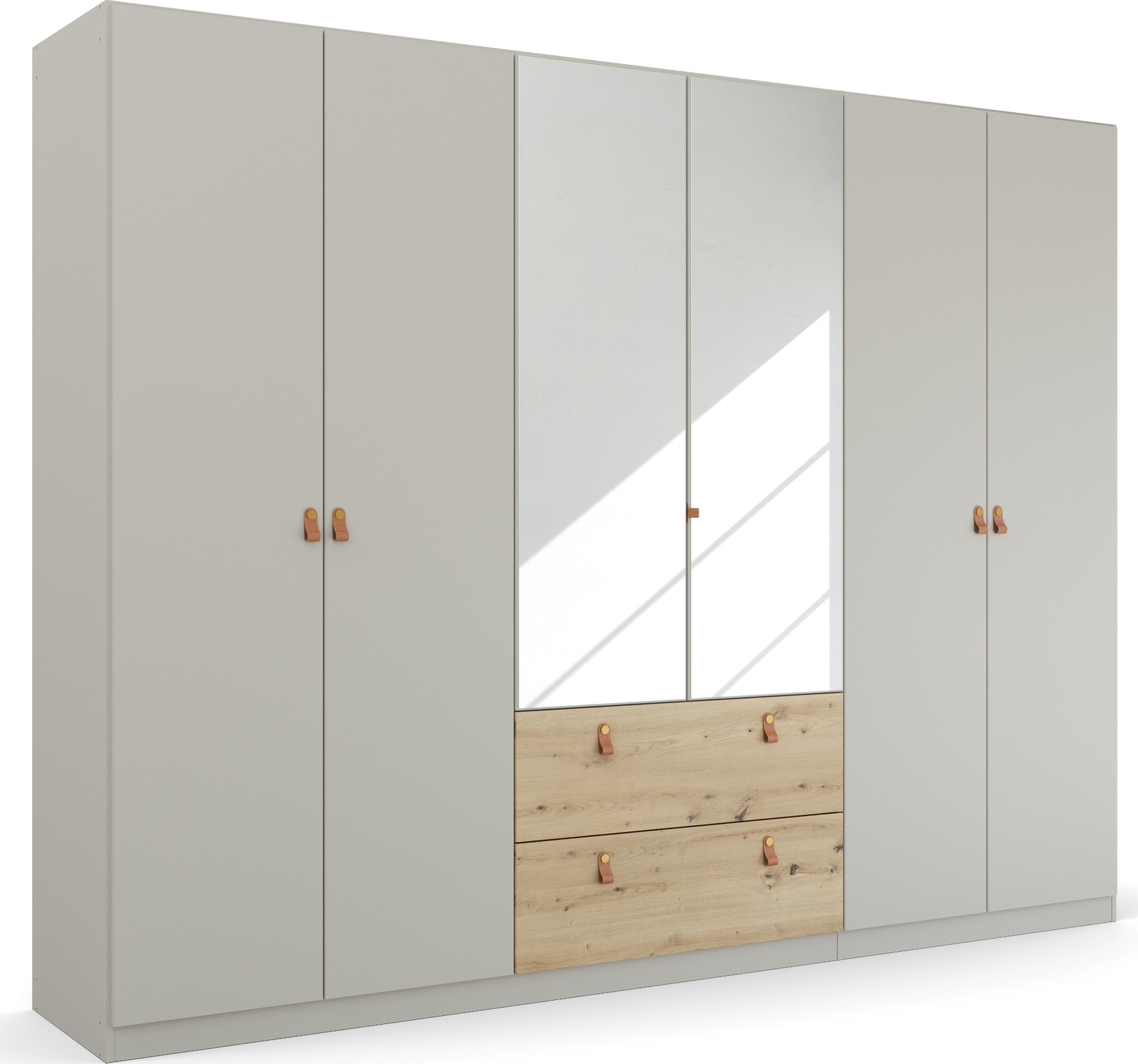 rauch "Kleiderschrank Schrank Garderobe Ankleide HOMEY BY QUADRA SPIN" Breiten: 181/226/271 cm, Höhe 210 cm, mit cognacbraunen Ledergrifflaschen, Schubladen in Eichen-Dekor