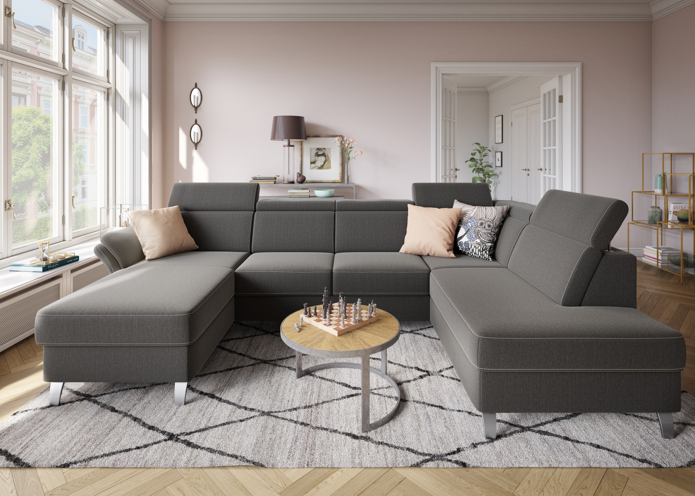 sit&more Wohnlandschaft »Vincenzo U-Form«, inklusive Kopfteilverstellung, wahlweise mit Bettfunktion, Bettkasten