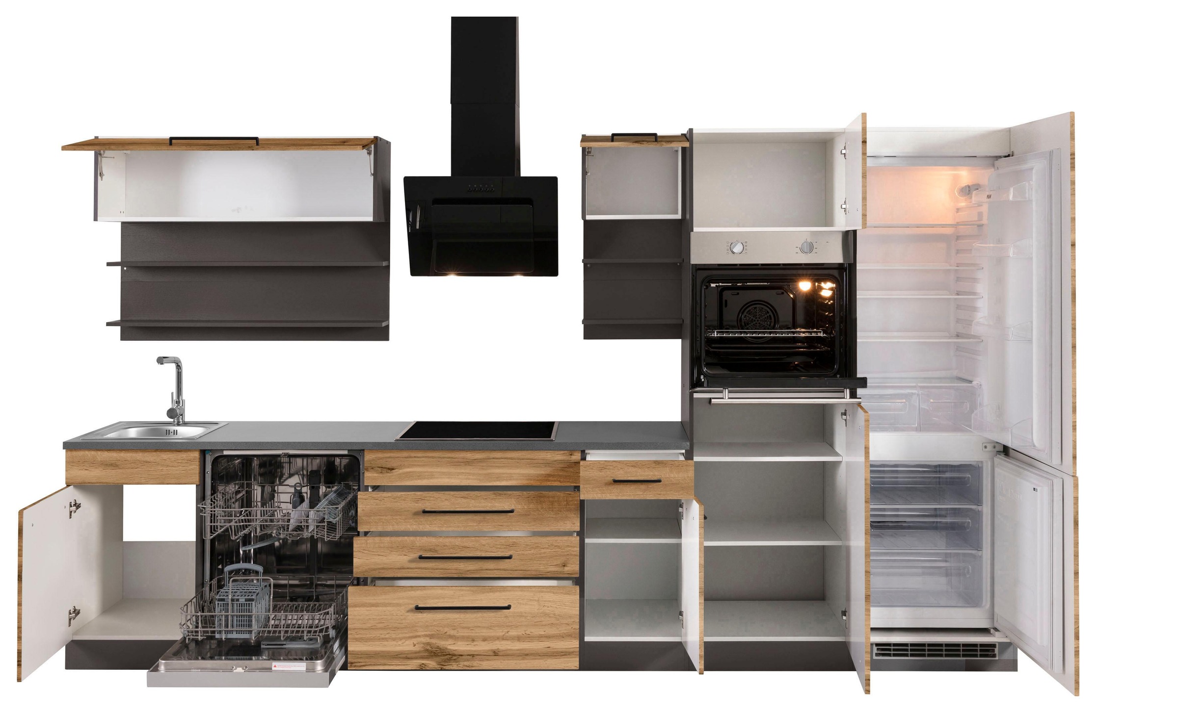 KOCHSTATION Küchenzeile »KS-Tulsa«, ohne E-Geräte, Breite 350 cm, schwarze Metallgriffe, MDF Fronten