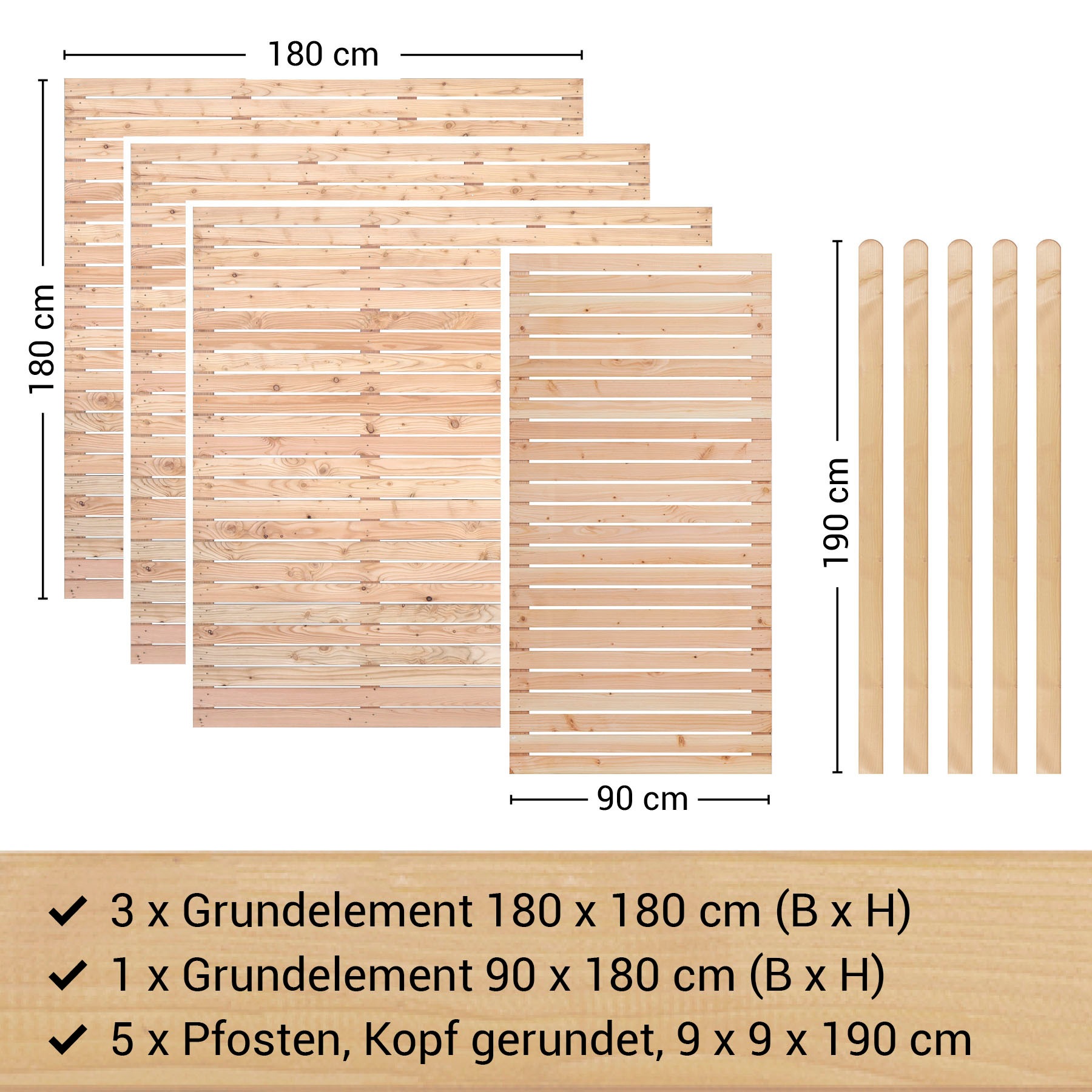 BM Massivholz Zaun »Kurt Set 3.1«, 3 Elemente 180 x 180cm, 1 Element 90x180cm, 5 Pfosten, Länge 190cm