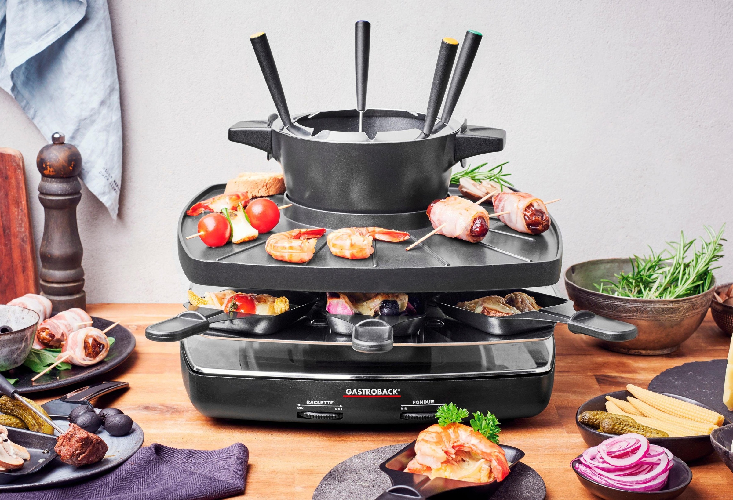 Gastroback Raclette und Fondue-Set »42567 Family and Friends«, 8 St. Raclettepfännchen, 1200 W