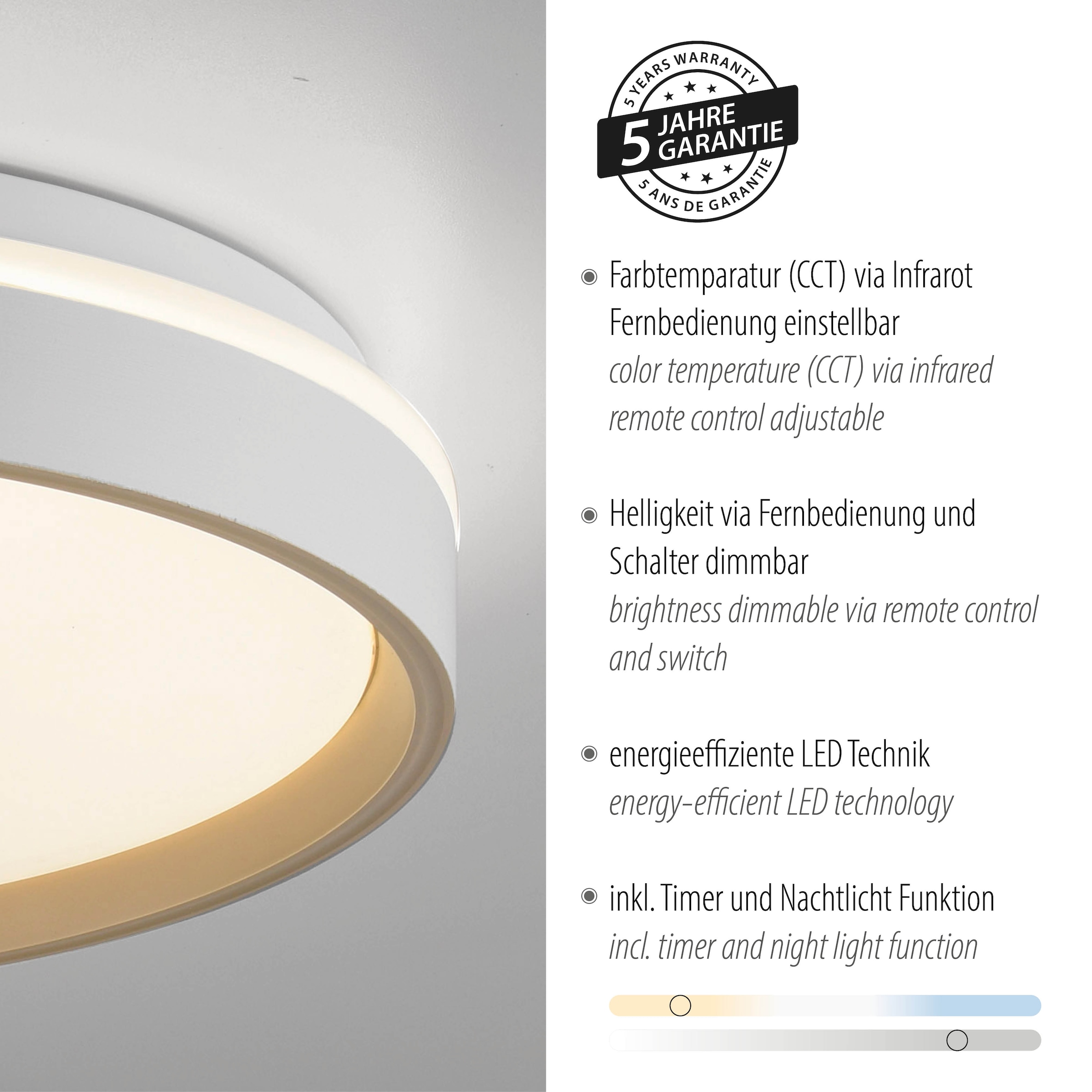 JUST LIGHT LED Deckenleuchte »MIO« LED-Board 1 Stk. warmweiß - kaltweiß CCT-Farbtemperatursteuerung, Infrarot-FB, Stufenlos dimmbar, Memory