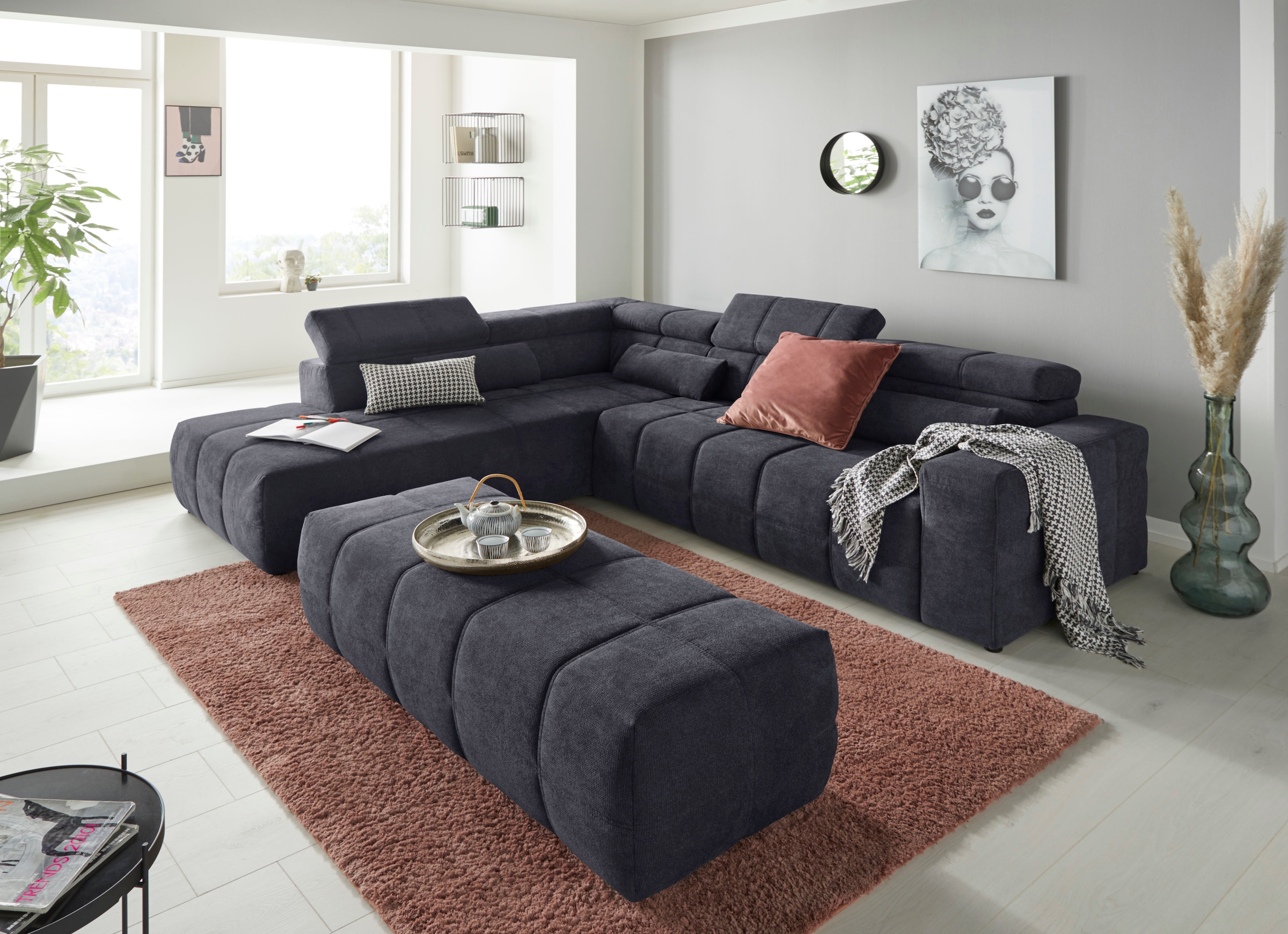 DOMO collection Ecksofa »Brandon L-Form, auch in Leder«, inklusive Kopfteilverstellung, wahlweise mit Sitztiefenverstellung