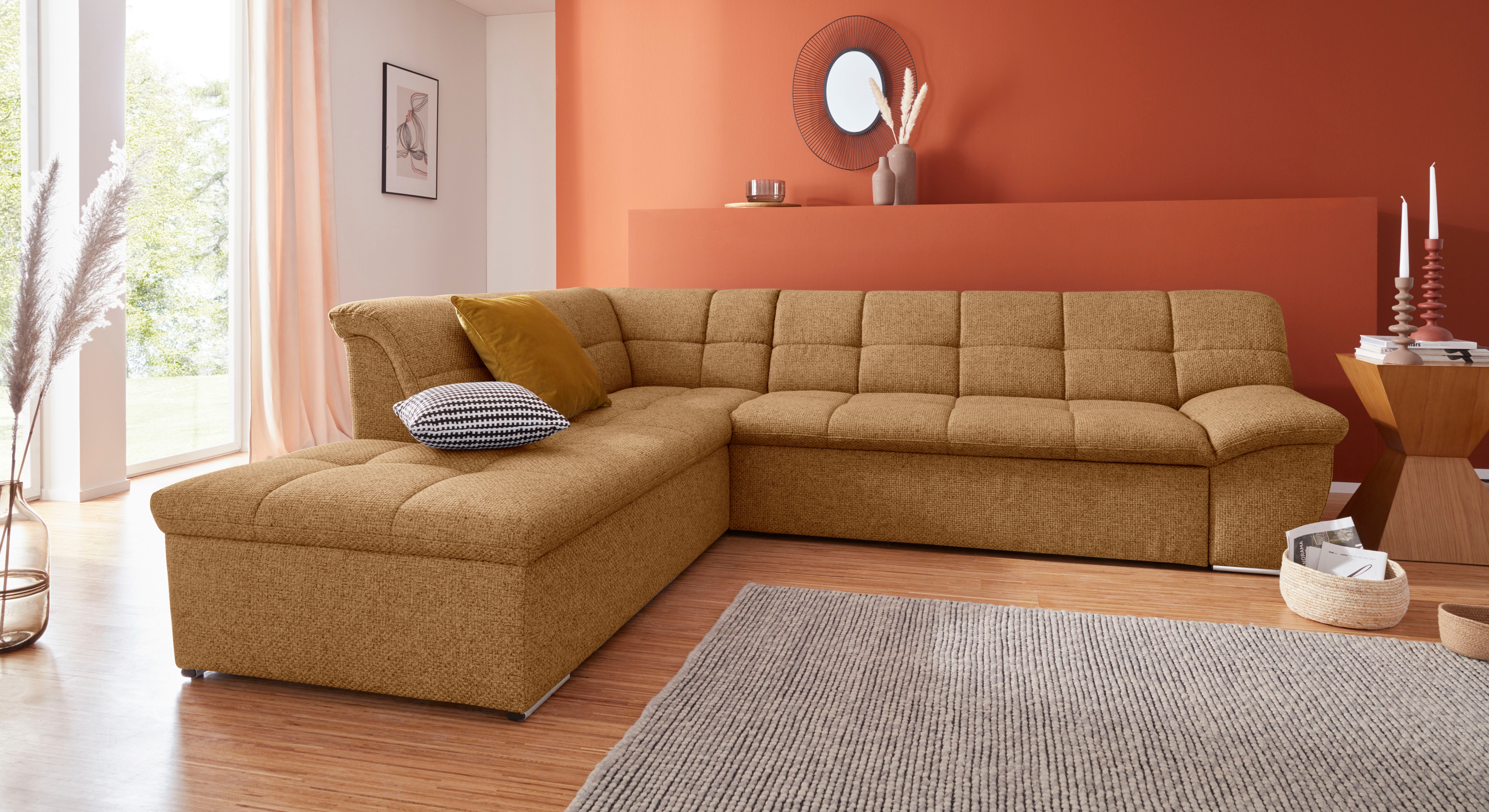 DOMO collection Ecksofa "Lagoa, moderne Sitzheftung, bequem und komfortabel, L-Form" wahlweise mit Bettfunktion, frei im Raum stellbar, große Farbvielfalt