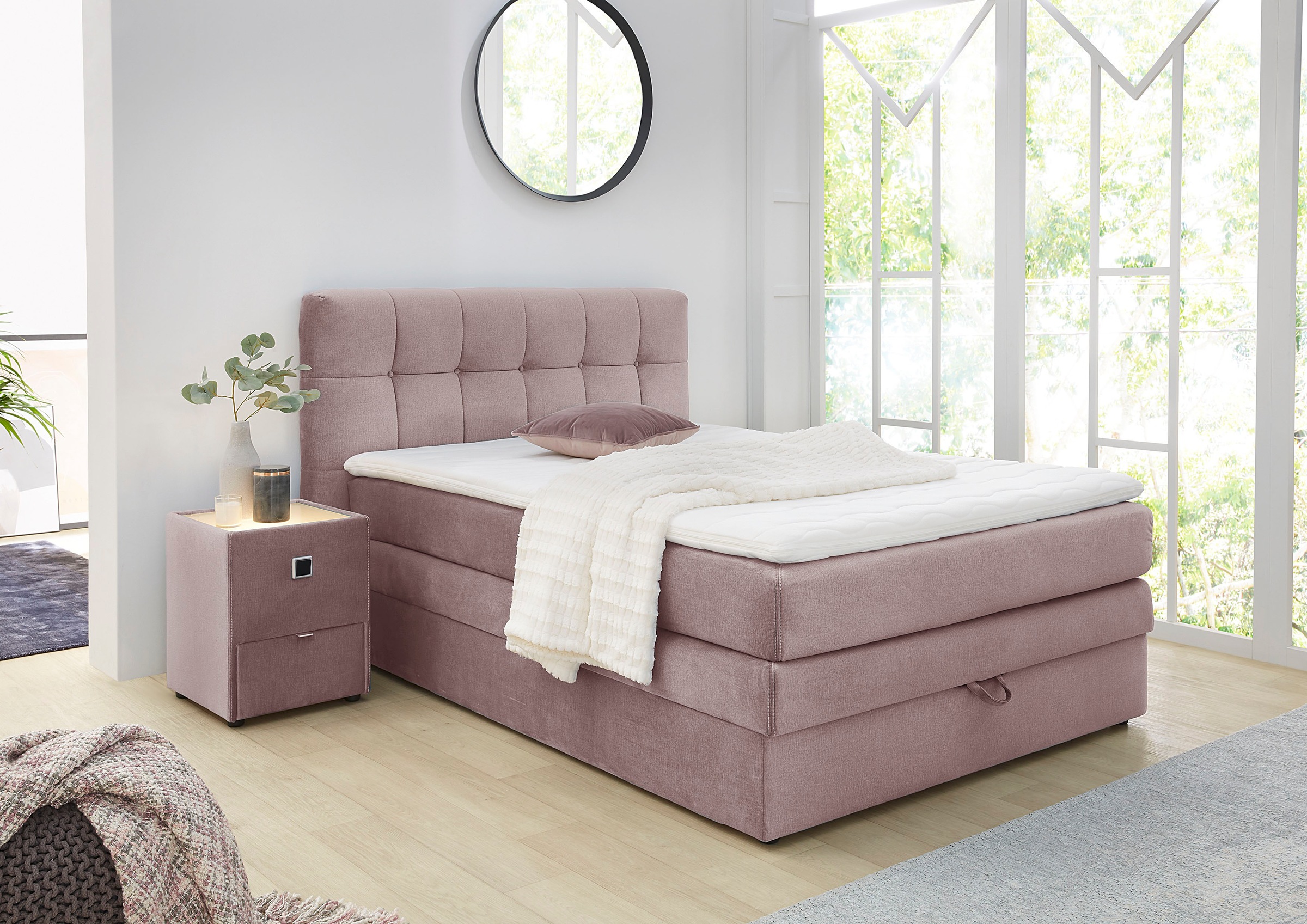 Jockenhöfer Gruppe Boxspringbett "AMY mit Bettkasten, inkl. Bonnell- oder Taschenfederkernmatratze H2-H4" mit 6 cm Kaltschaum-Topper, Samt-Bezug, 120x200 und 140x200 cm