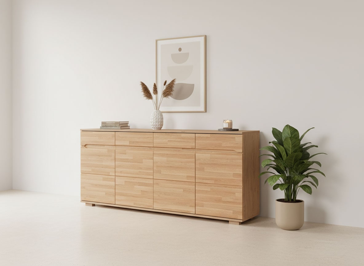 OTTO home Sideboard "VETRO Teilmassiv, Fronten Massivholz, Wohnzimmer, Stauraum,Griffmulde" B/T/H:199/40/85cm, 4Schubladen, 8 geschlossen Fächer, Stauraum