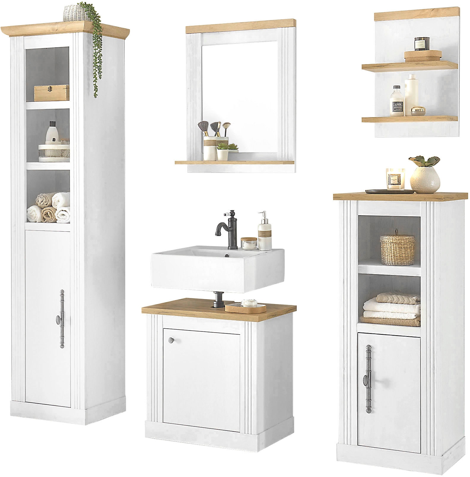 Badmöbel-Set HOME AFFAIRE, B:200cm H:203cm T:46cm, weiß, Kastenmöbel-Sets, "WESTMINSTER, Bad im Landhausstil, 5-teiliges Badezimmer", Unterschrank,