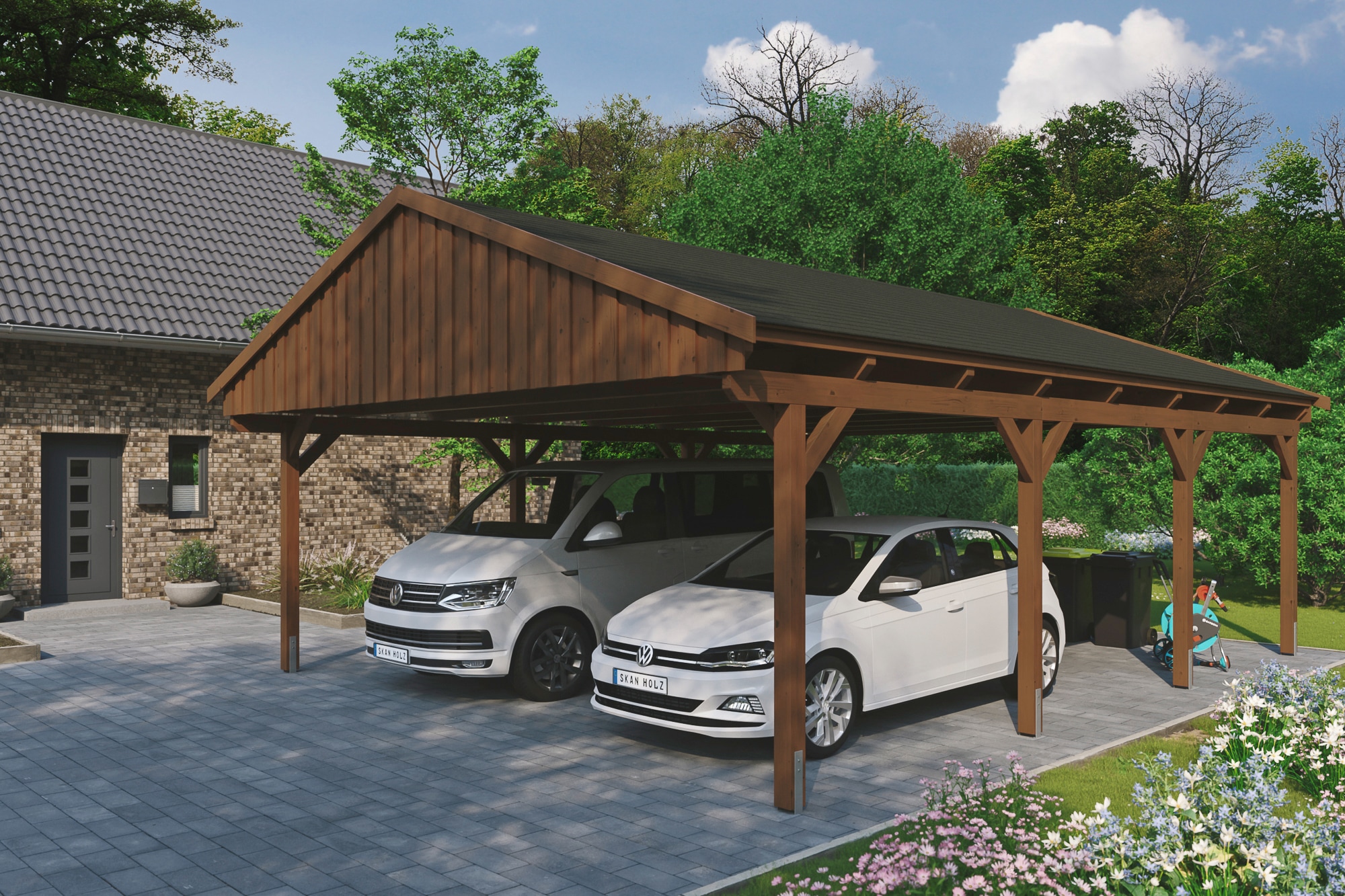 Skanholz Doppelcarport "Fichtelberg" Leimholz braun mit schwarzen Schindeln