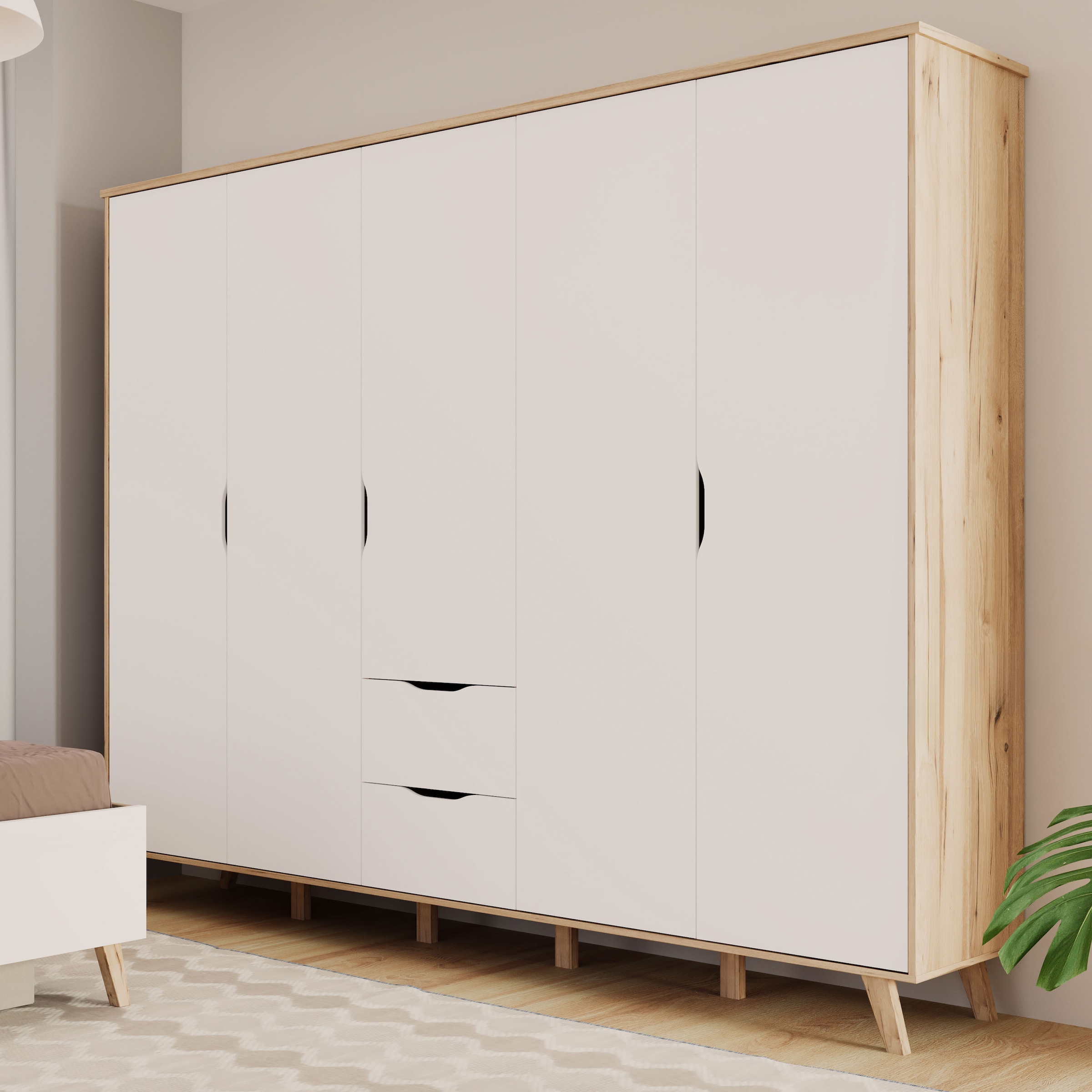 FORTE Kleiderschrank »Vankka, Drehtürenschrank, Viel Stauraum, skandinavischer Stil« Made in Europe, mit Einlegeböden+Kleiderstangen+Schubladen,grifflos