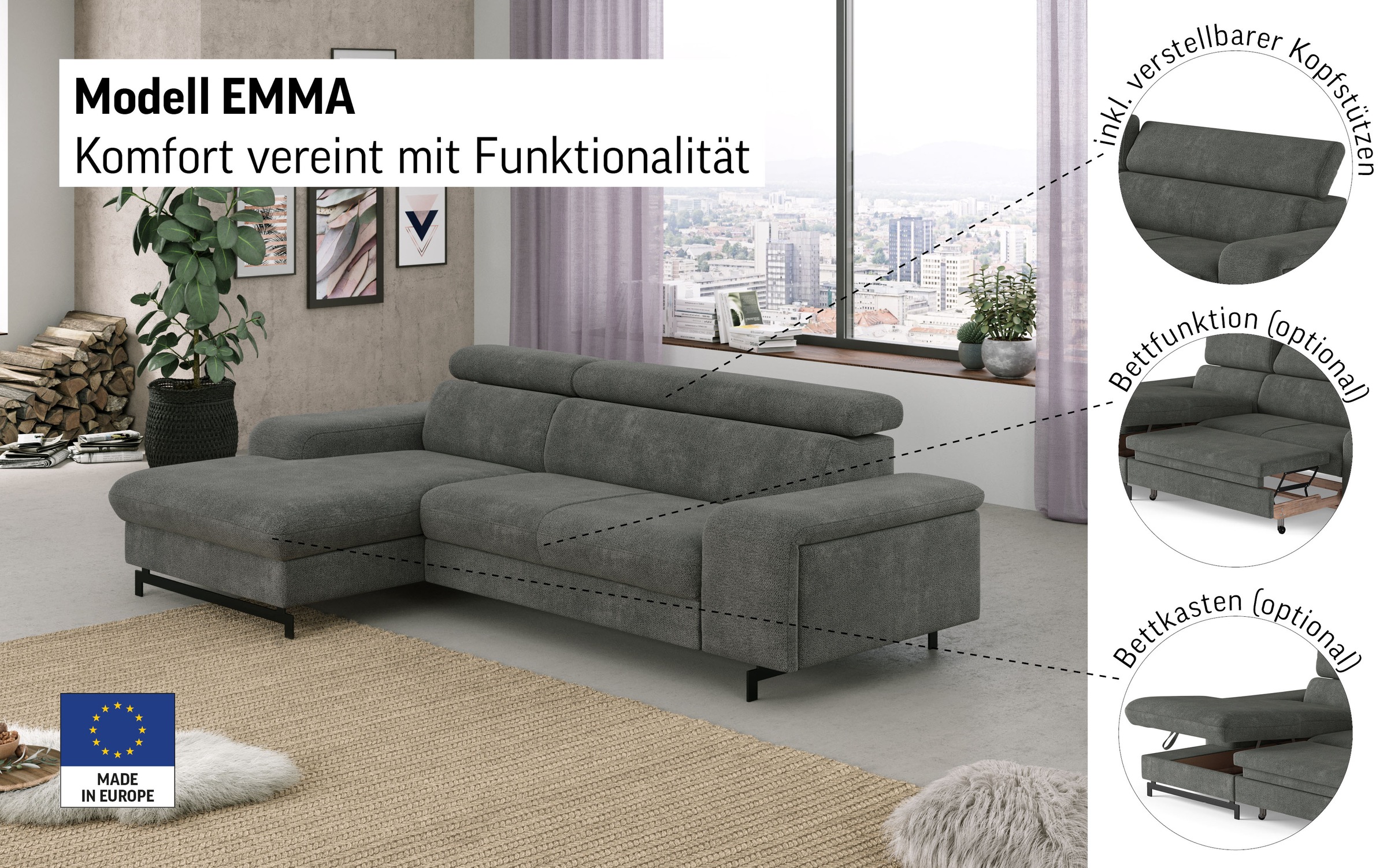 Thumbnail - COTTA Ecksofa "Emma L-Form" mit Kopfteilverstellung, wahlweise mit Bettfunktion & Bettkasten