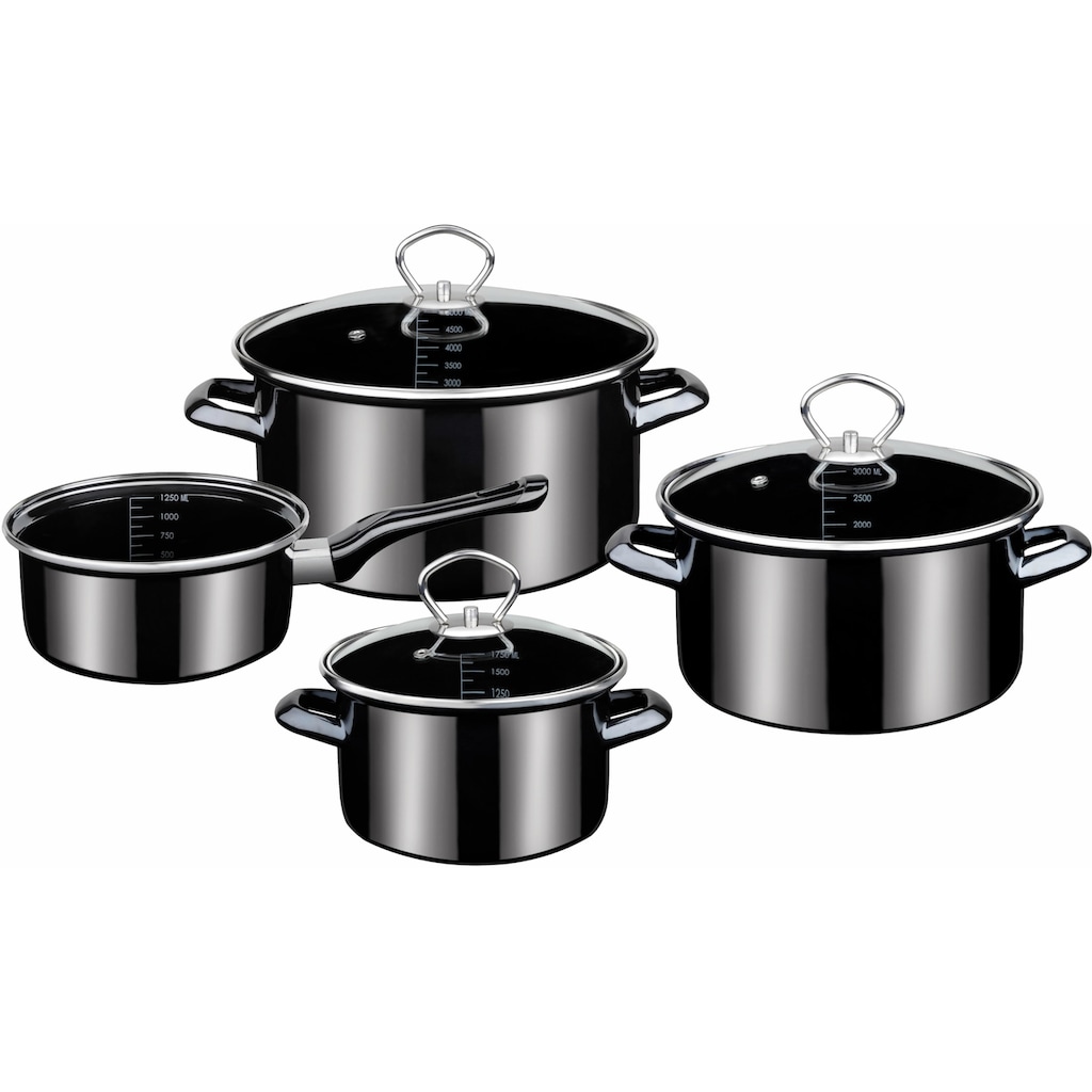 GSW Topf-Set »Profi-Black-Star«, Stahl-Emaille, (Set, 7 tlg., 1x Stielkasserolle 16 cm, je 1x Fleischtopf 16/20/24 cm)