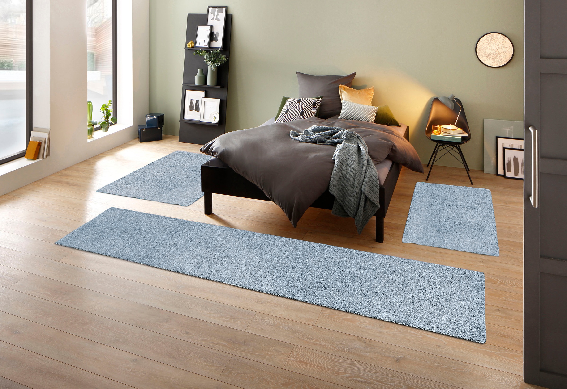 THEKO Bettumrandung »Gabbeh Uni, Handweb Teppich, meliert, reine Wolle« Höhe 14 mm 3 Stk. tlg. Bettvorleger, Uni-Farben, handgewebt, Läufer-Set, Schlafzimmer