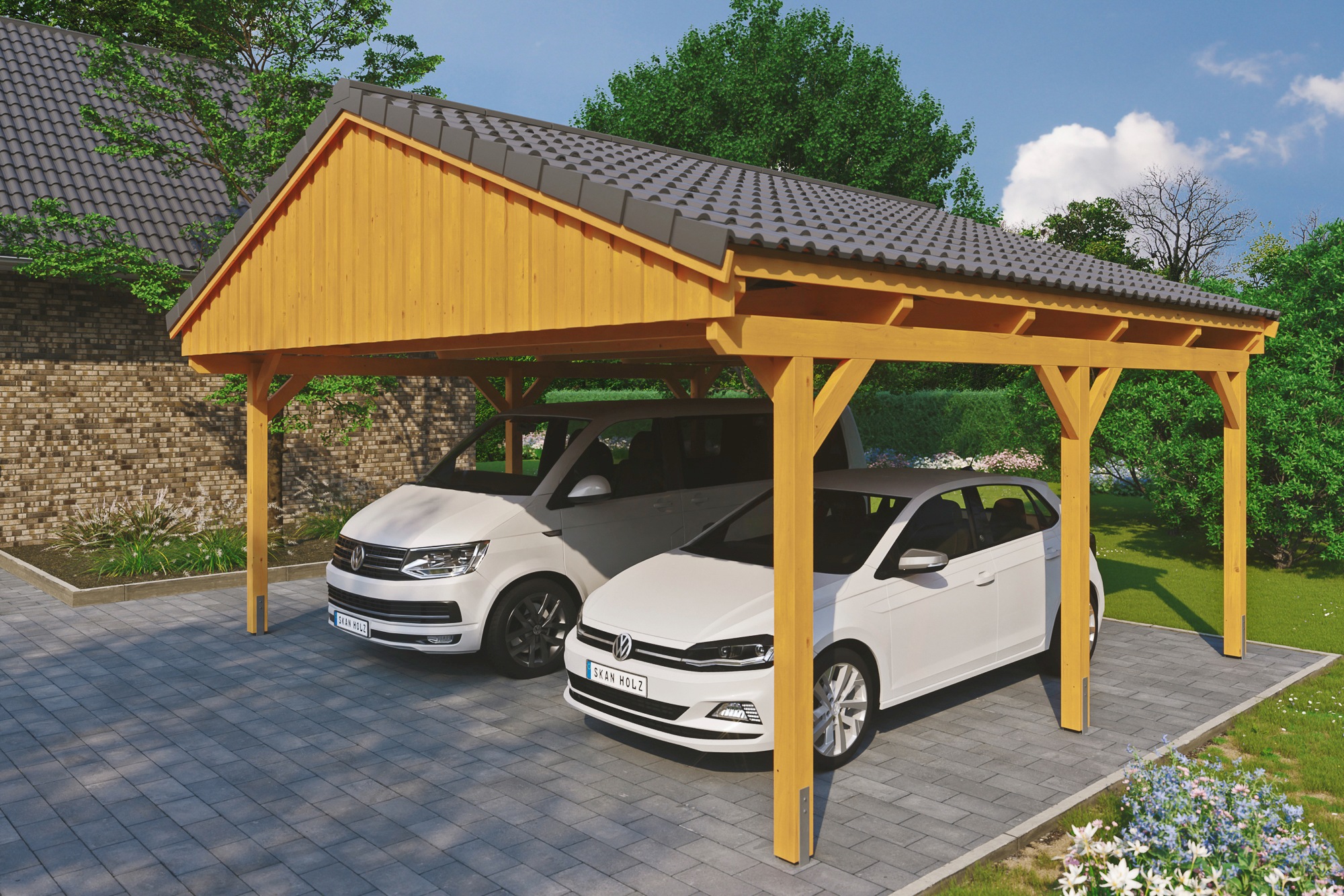 Doppelcarport SKANHOLZ, braun, Carports, "Fichtelberg", mit Dachlattung