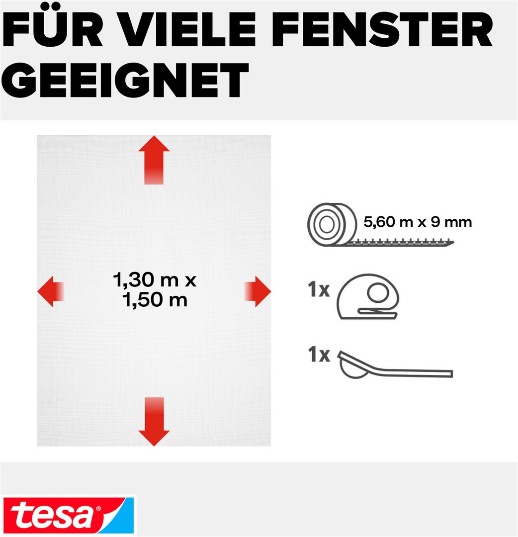 tesa Insektenschutz-Fensterrahmen »Insect Stop Comfort Fliegengitter für Fenster - 1.3 m x 1.5 m« Packung, Fliegennetz, Klettband, Andrück und Schneidehilfe, 1 Stk. tlg. Insektenschutzgitter - ohne Bohren - zuschneidbar